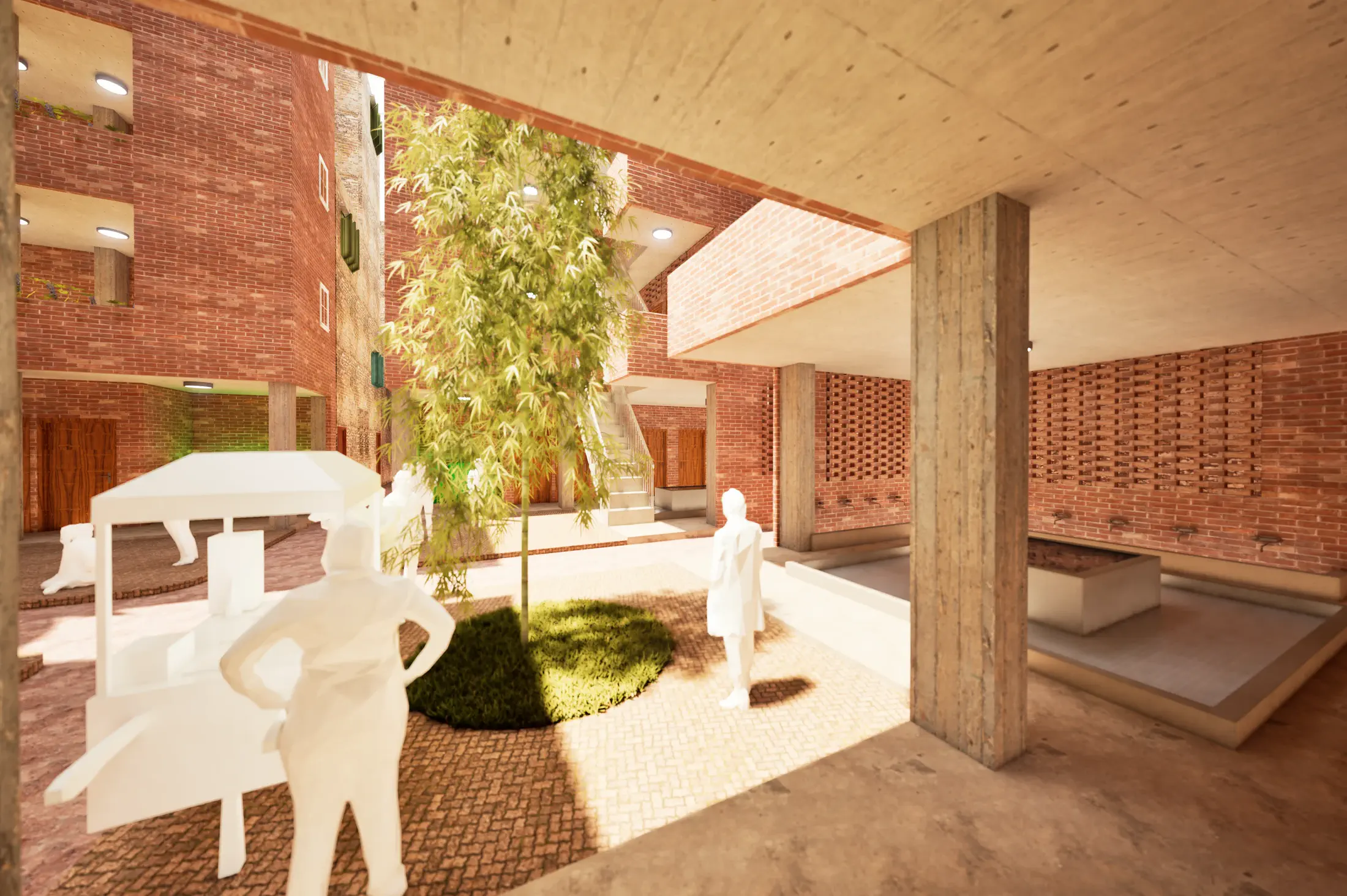 Proposed: ground-level courtyard with tree and figures