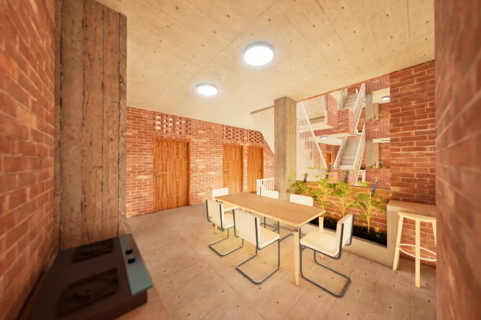 Proposed: interior dining room with stairs and planting
