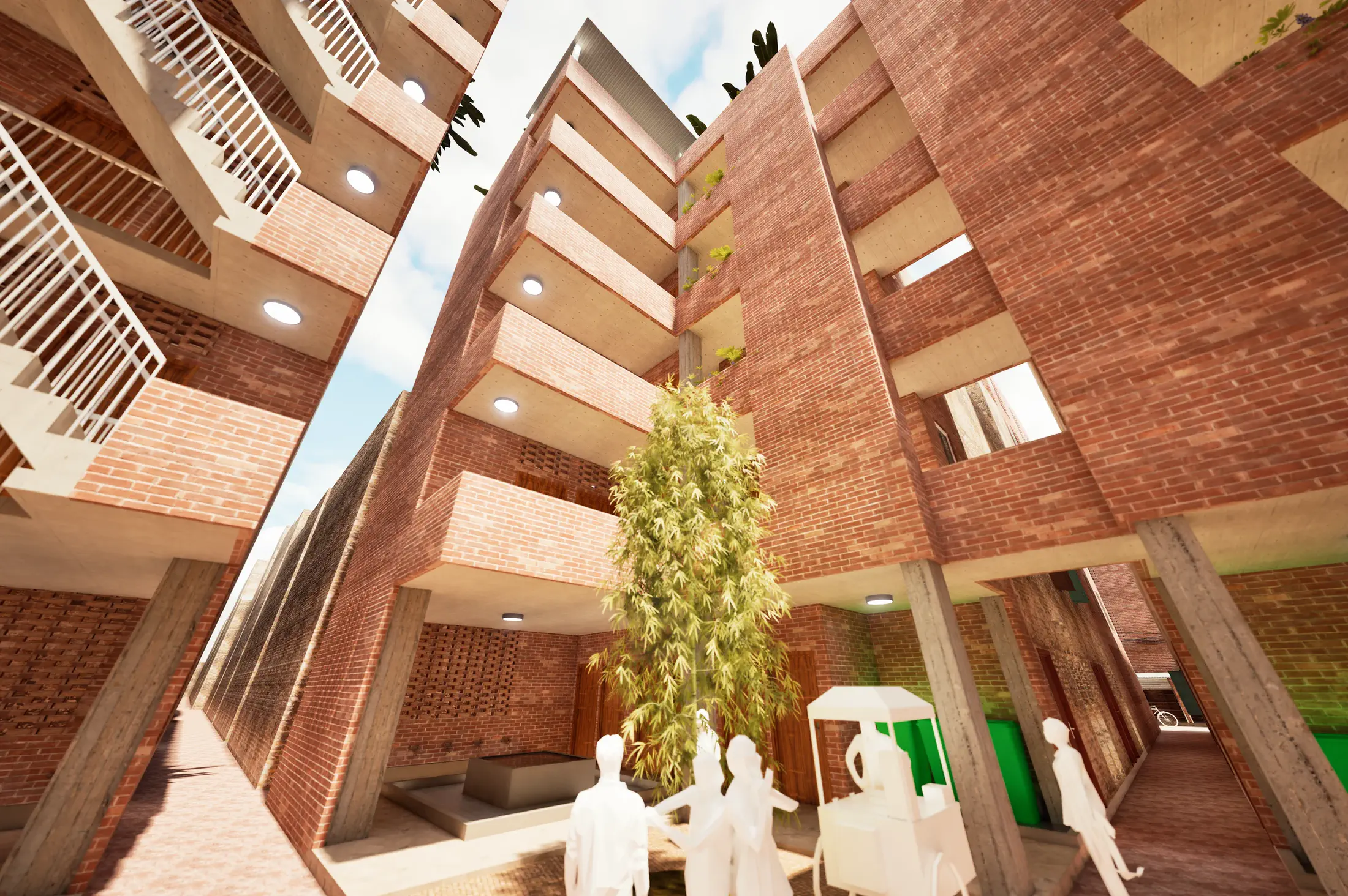 Proposed: courtyard with tree and planted walls