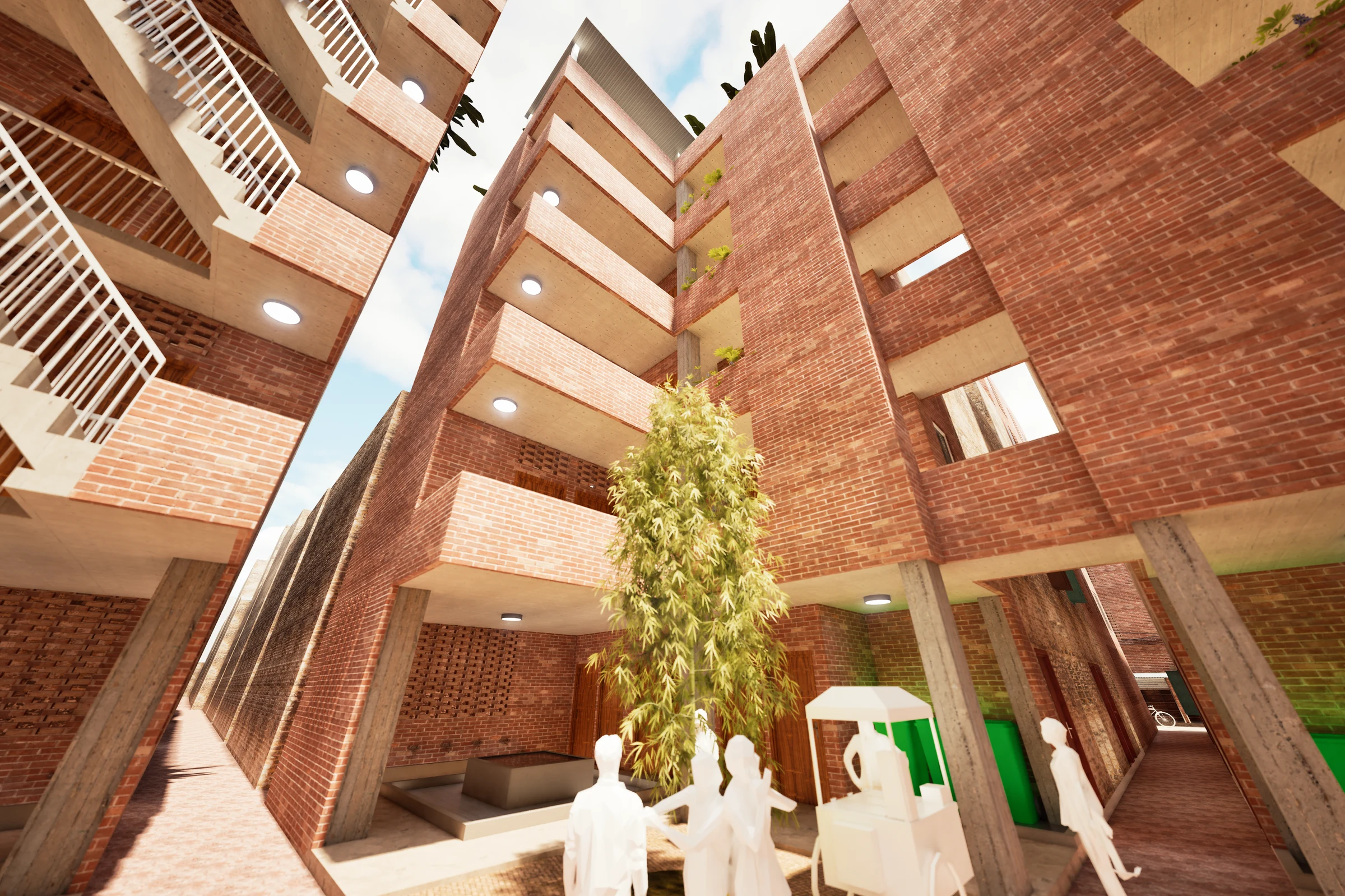 Proposed: courtyard with tree and planted walls
