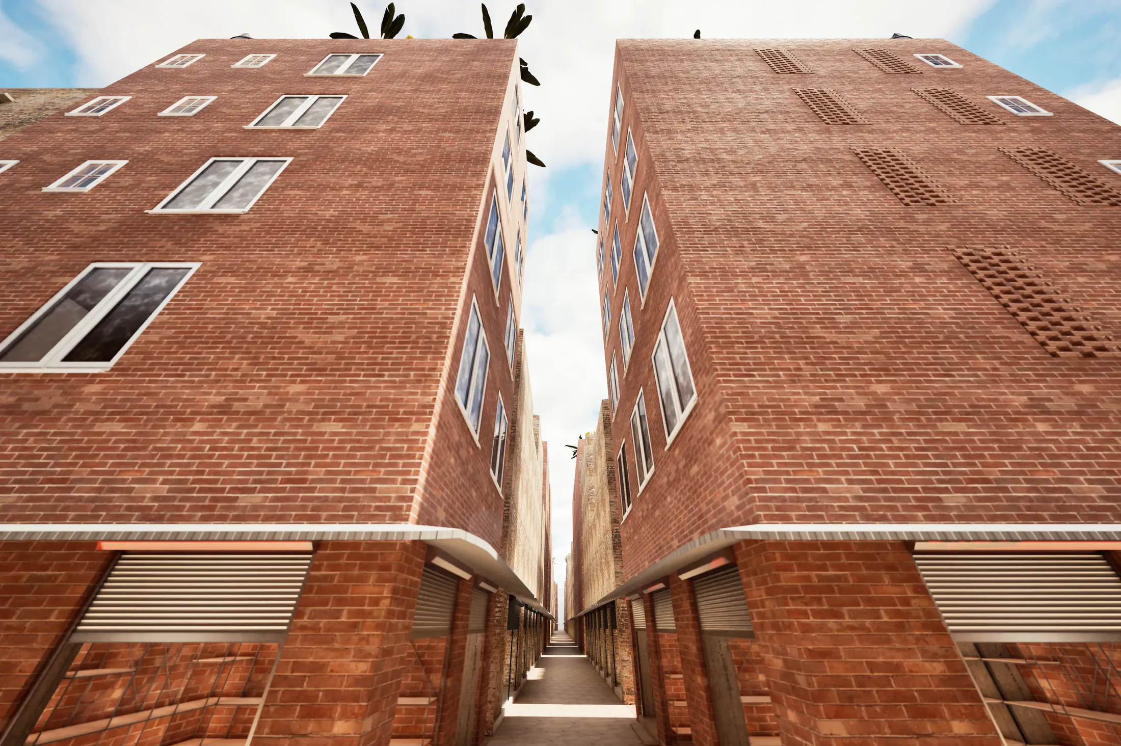 Proposed: alley looking up, ordered brick towers