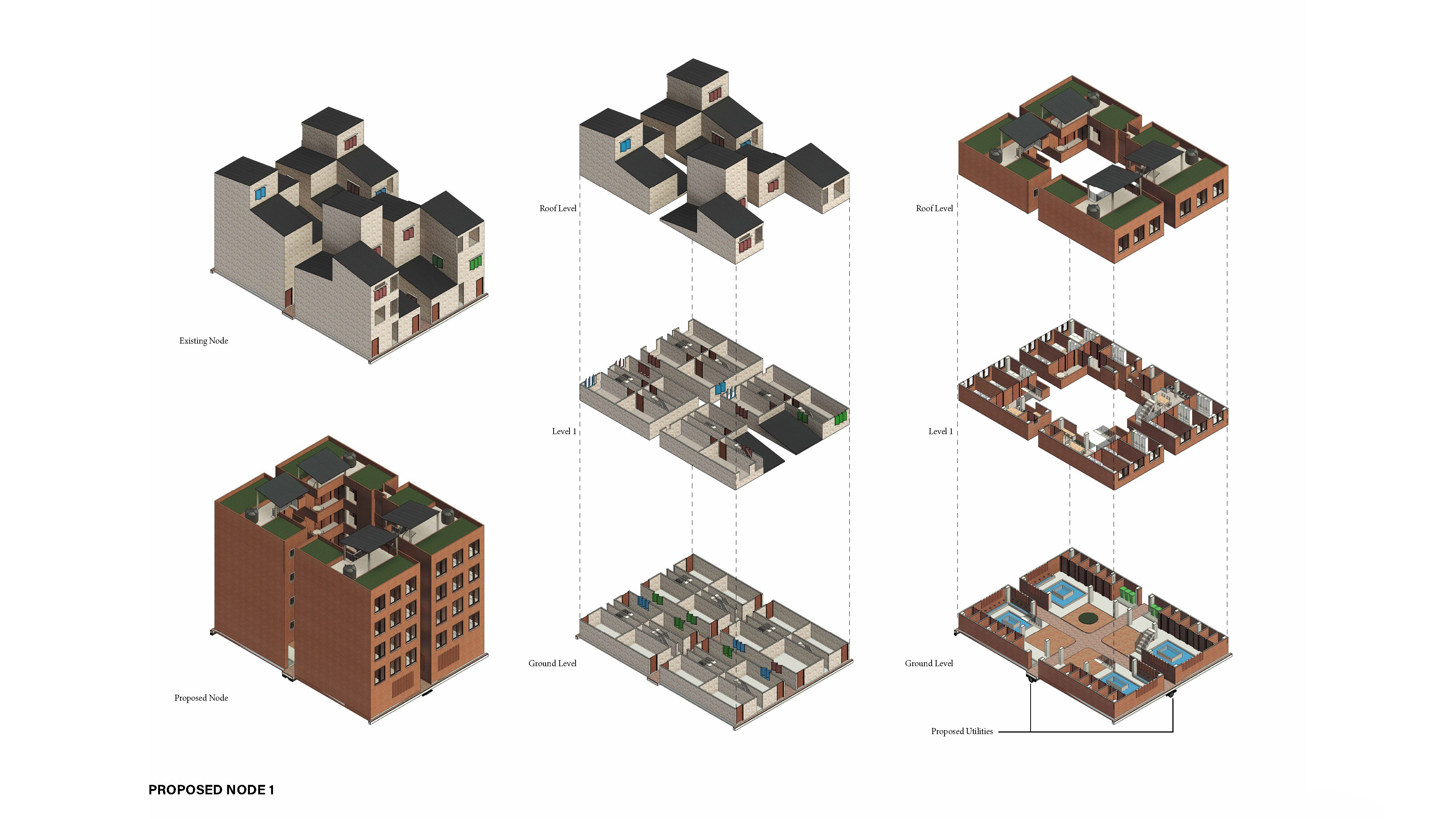 Proposed Node 1 — WASH Anchor: exploded axonometric showing existing node, proposed node, and floor plans from ground to roof