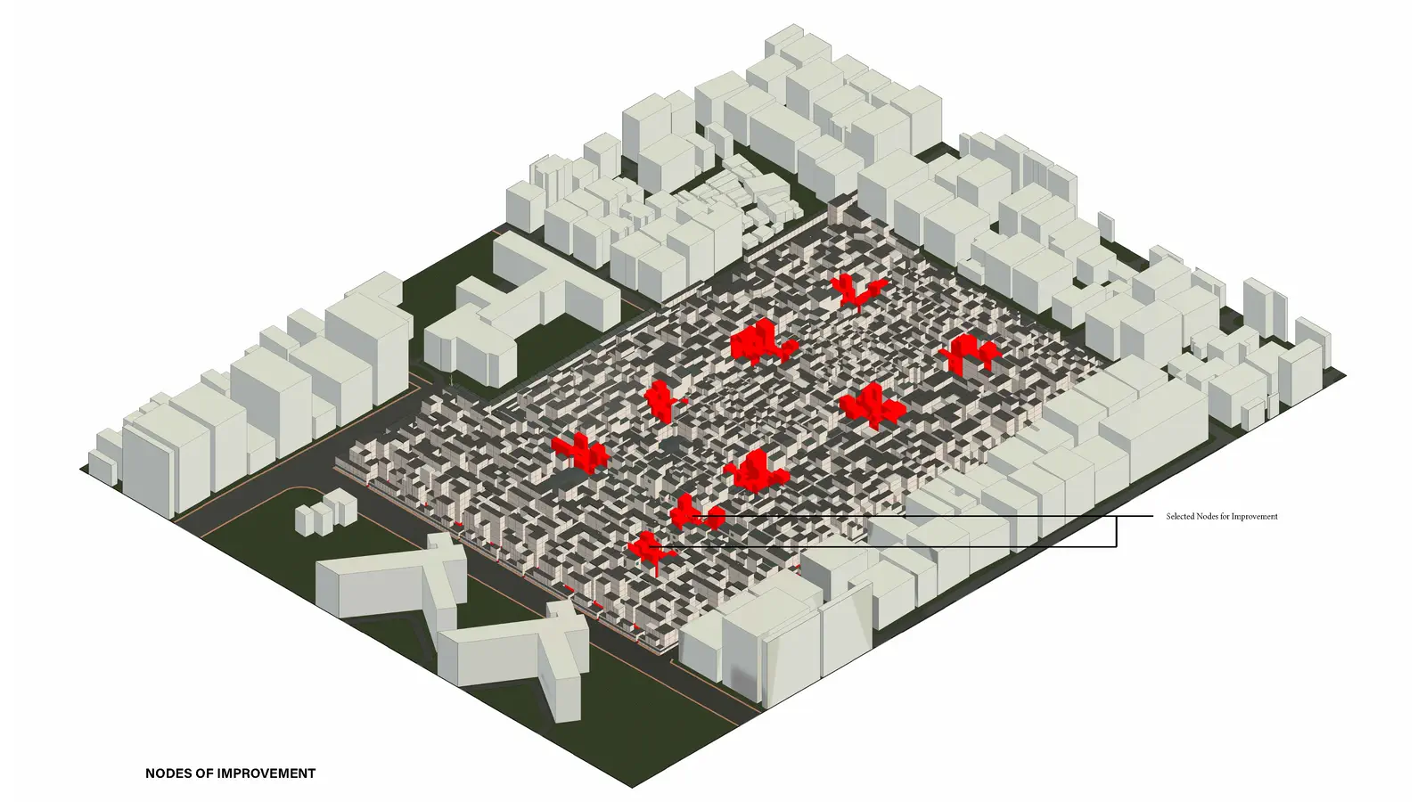Nodes of Improvement: existing camp fabric with selected nodes highlighted in red