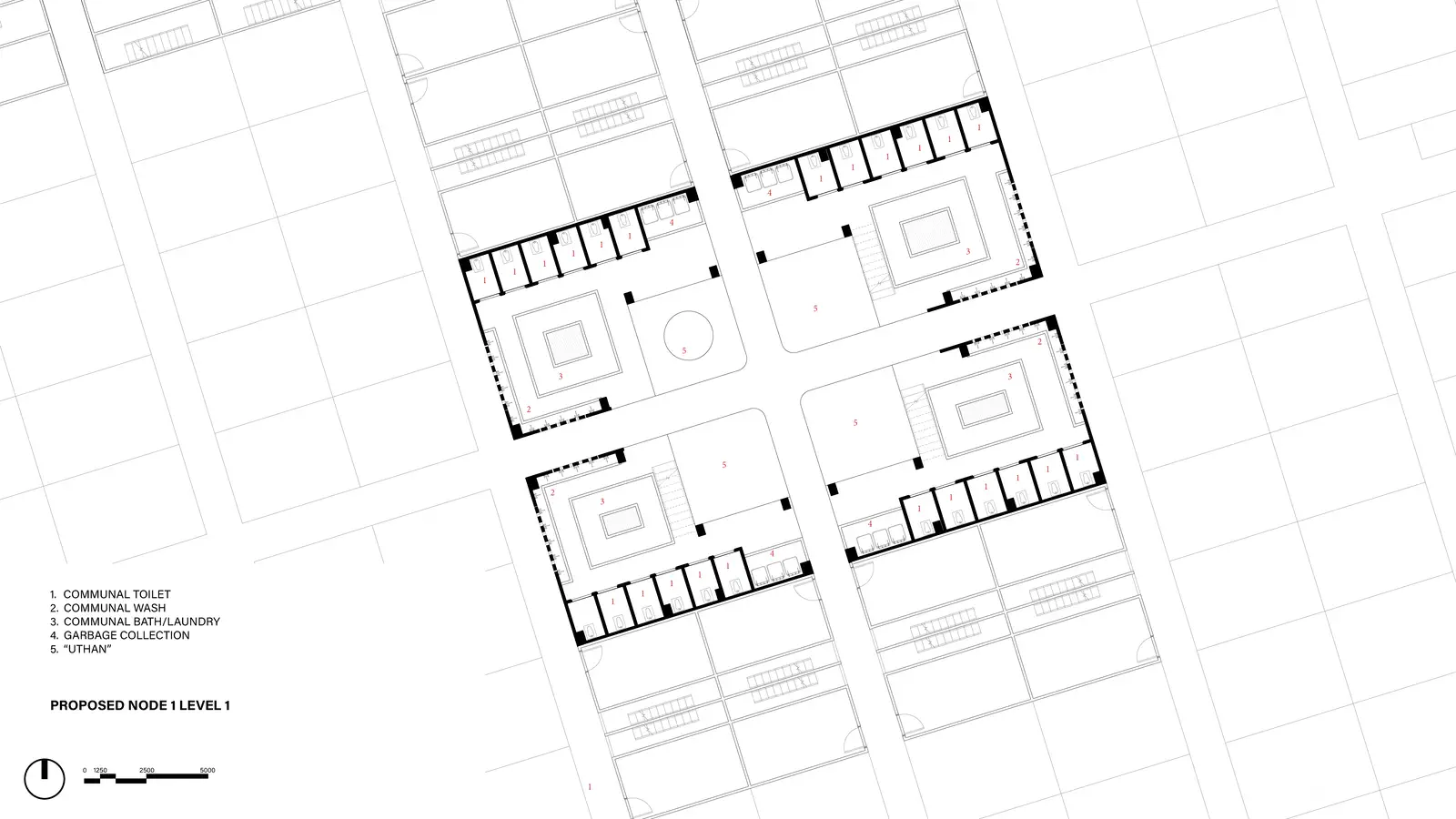 Proposed Node 1 Level 1: communal toilet, wash, bath/laundry, garbage collection, uthan