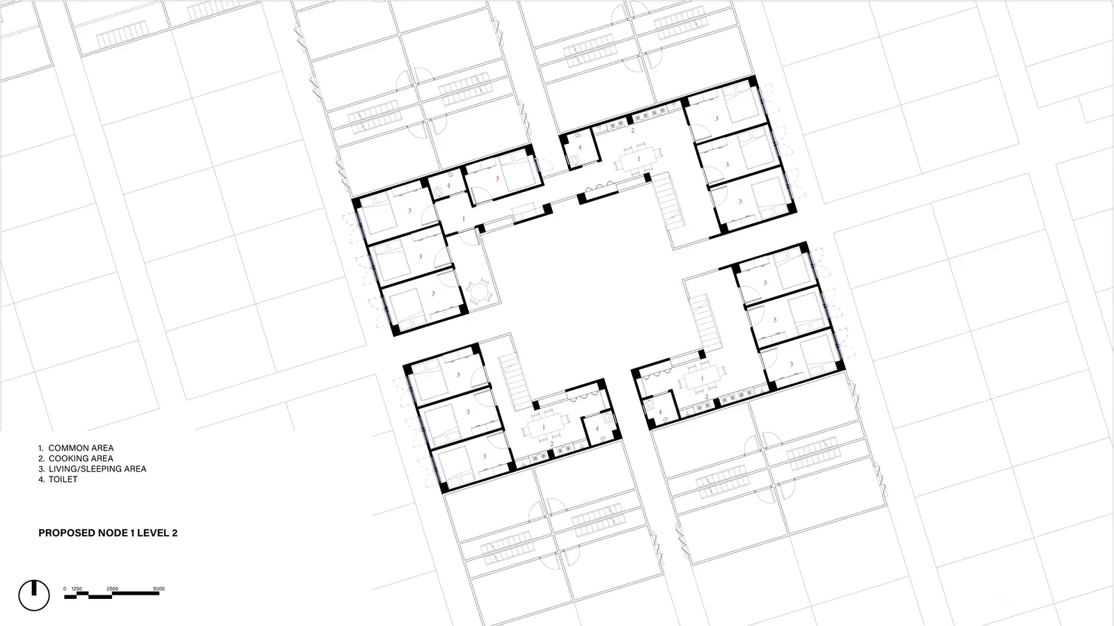 Proposed Node 1 Level 2: common area, cooking area, living/sleeping area, toilet