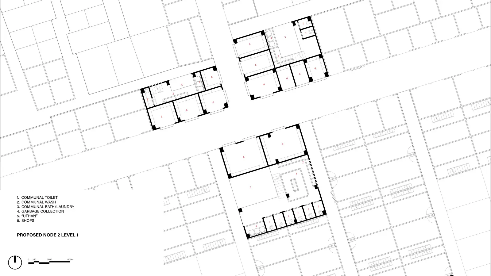 Proposed Node 2 Level 1: communal toilet, wash, bath/laundry, garbage collection, uthan, shops