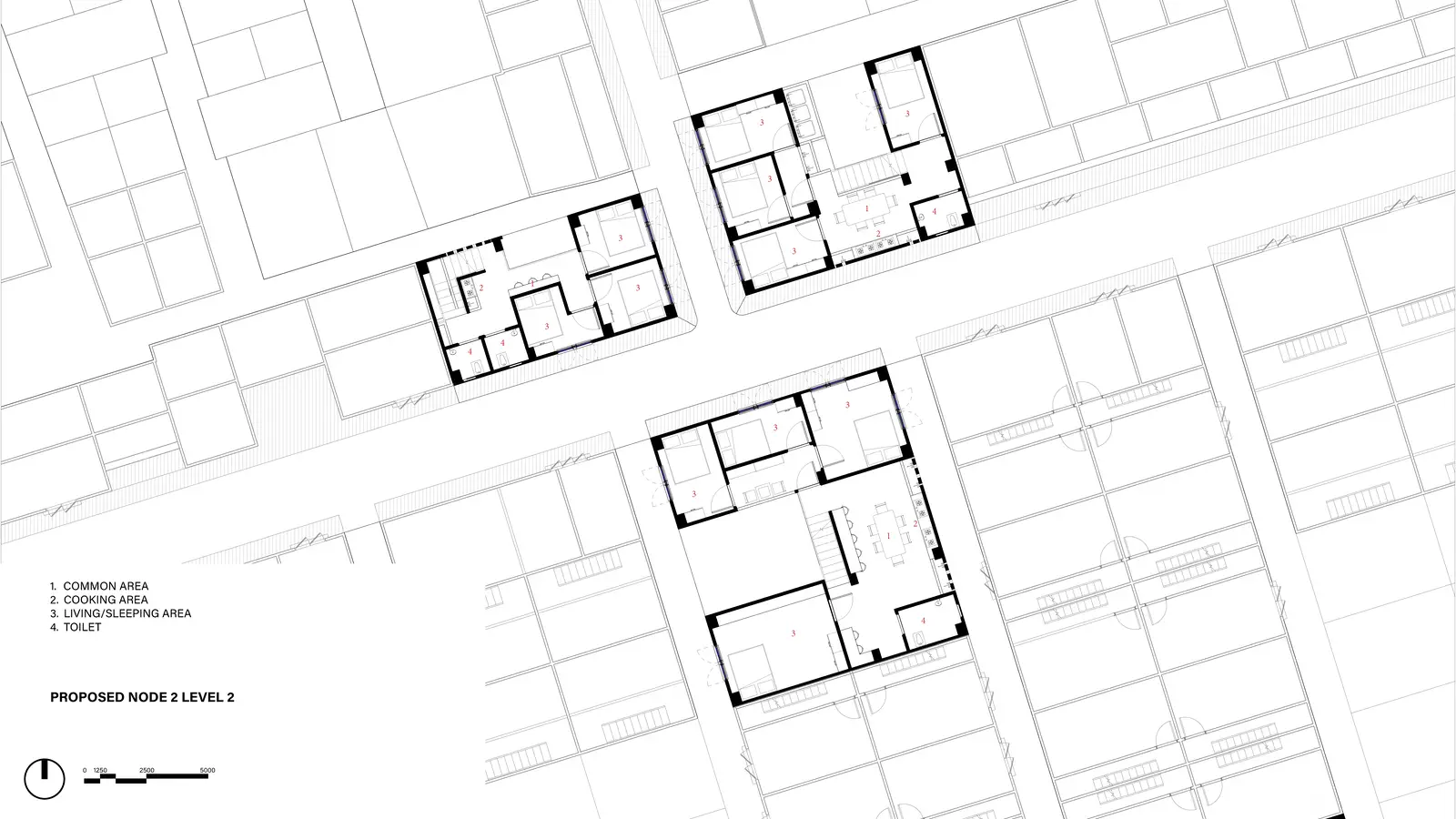 Proposed Node 2 Level 2: common area, cooking area, living/sleeping area, toilet