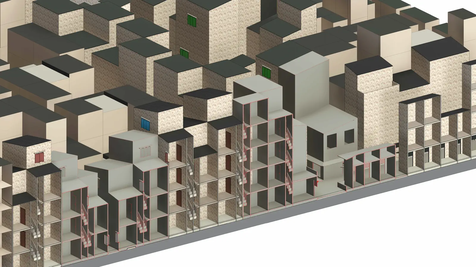 Existing section: cut through the camp fabric showing cramped multi-storey rooms and shared stairwells