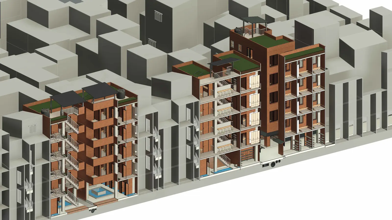 Proposed section: cut through proposed nodes showing rooftop gardens, shared balconies, and WASH facilities