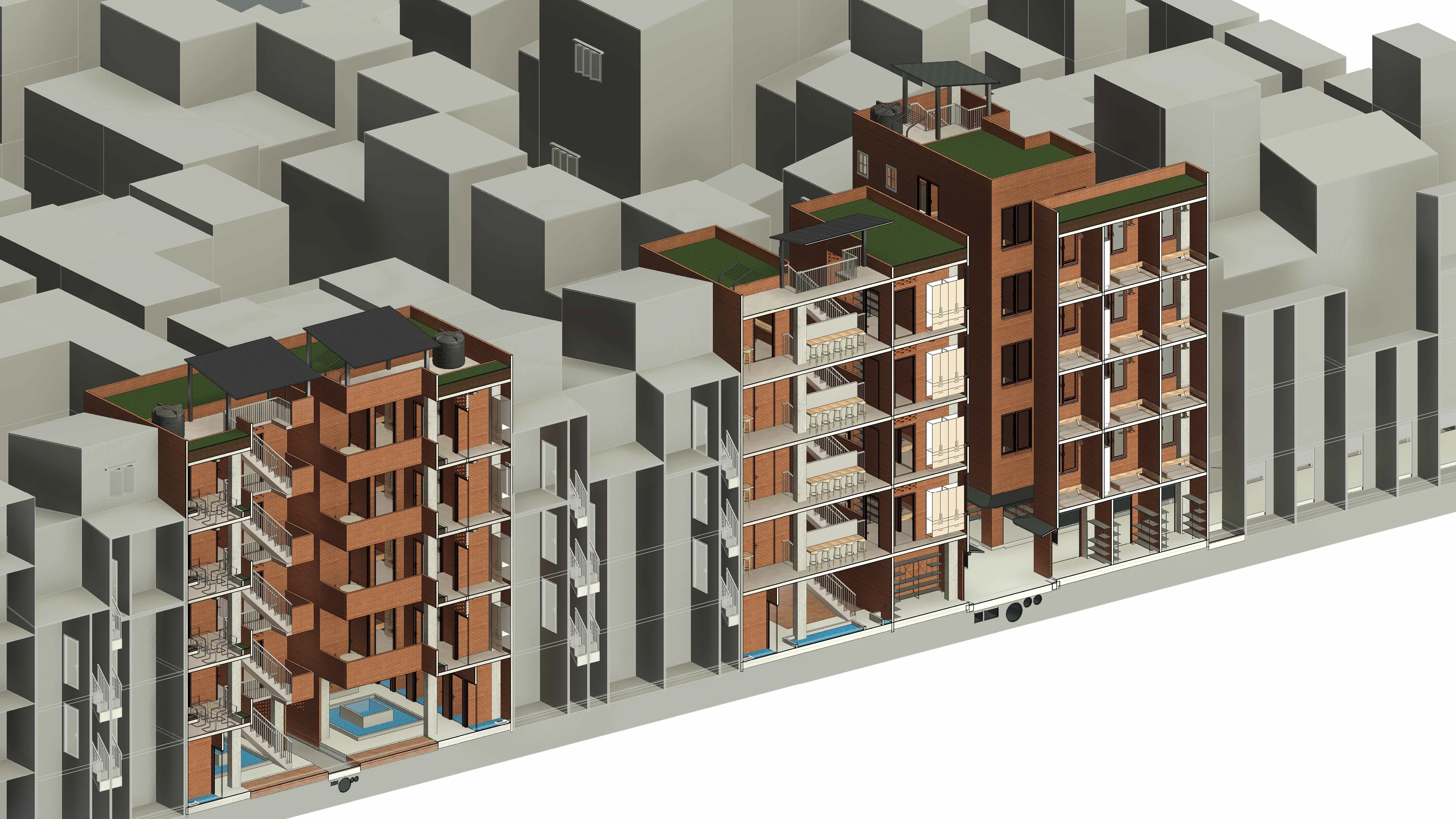 Proposed section: cut through proposed nodes showing rooftop gardens, shared balconies, and WASH facilities