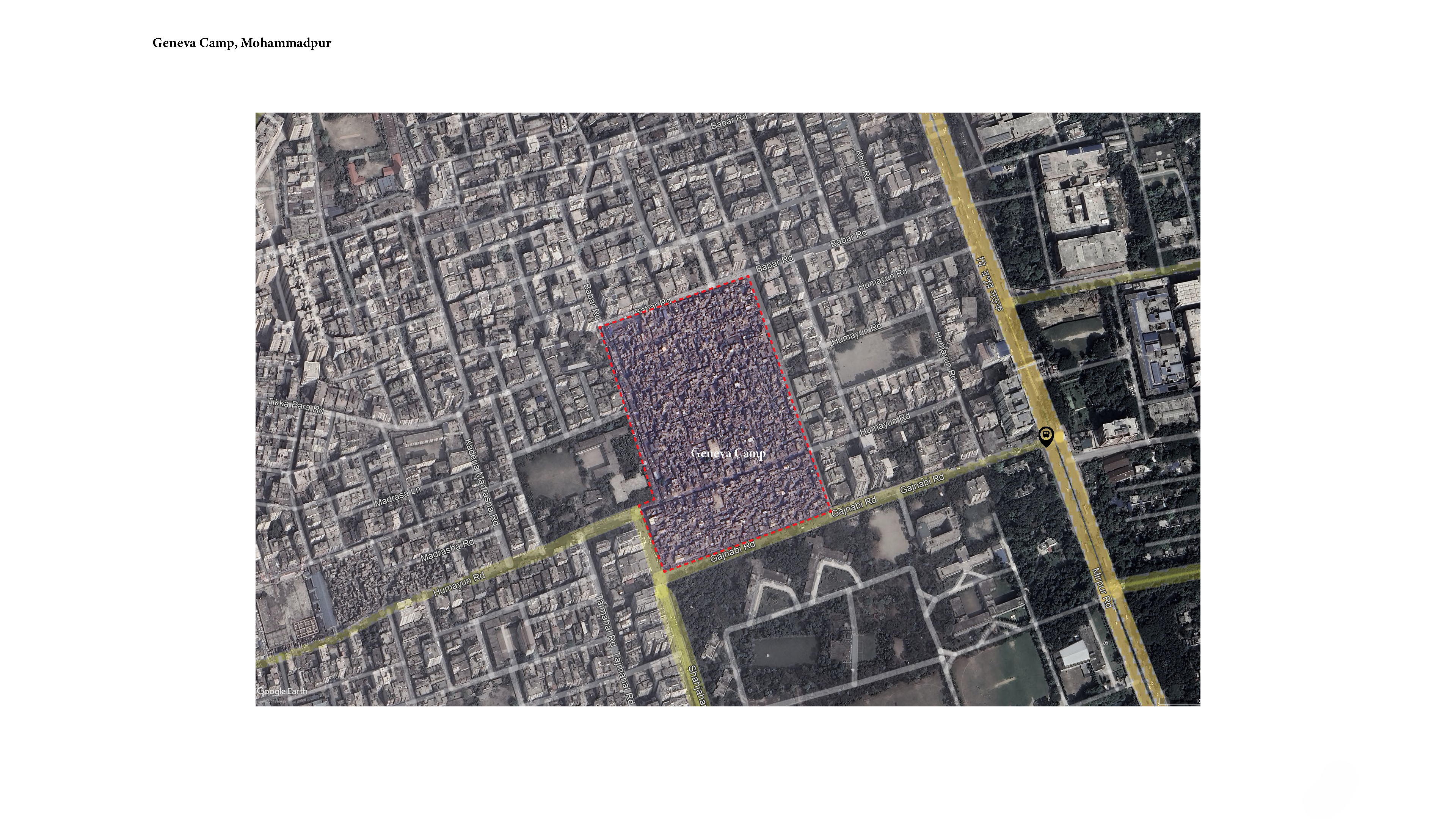 Geneva Camp, Mohammadpur — Google Earth satellite view showing the camp boundary within the urban fabric of Dhaka