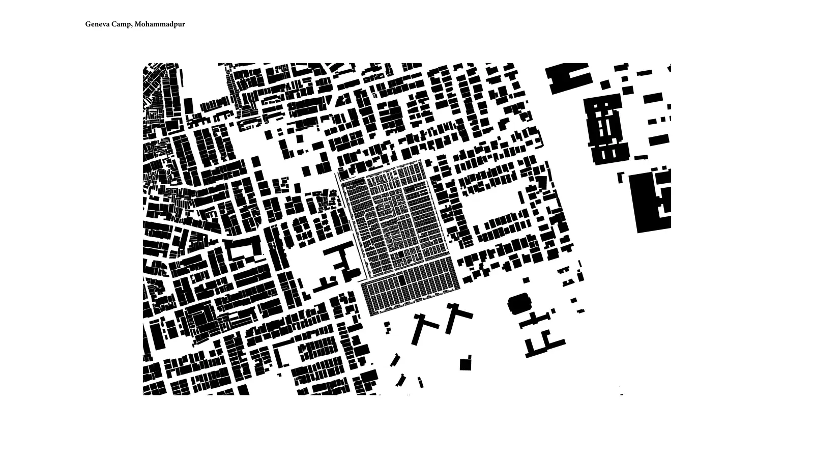 Figure-ground map of Geneva Camp: the camp interior reads as solid mass against the more open surrounding neighbourhood