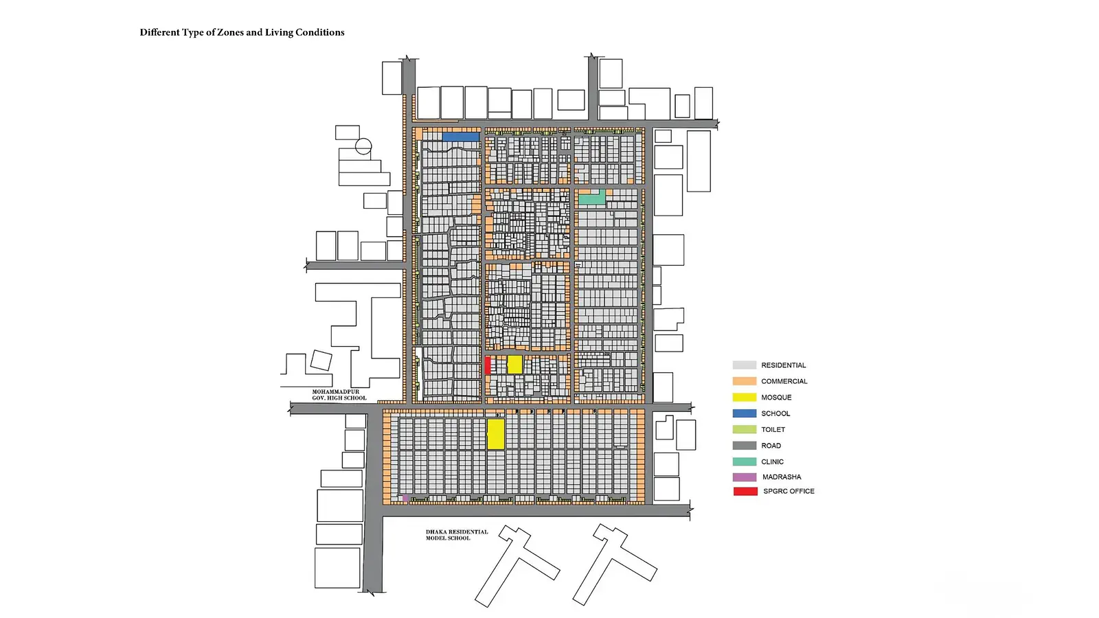 Different types of zones and living conditions within Geneva Camp: residential, commercial, mosque, school, toilet, clinic, madrasha, SPGRC office