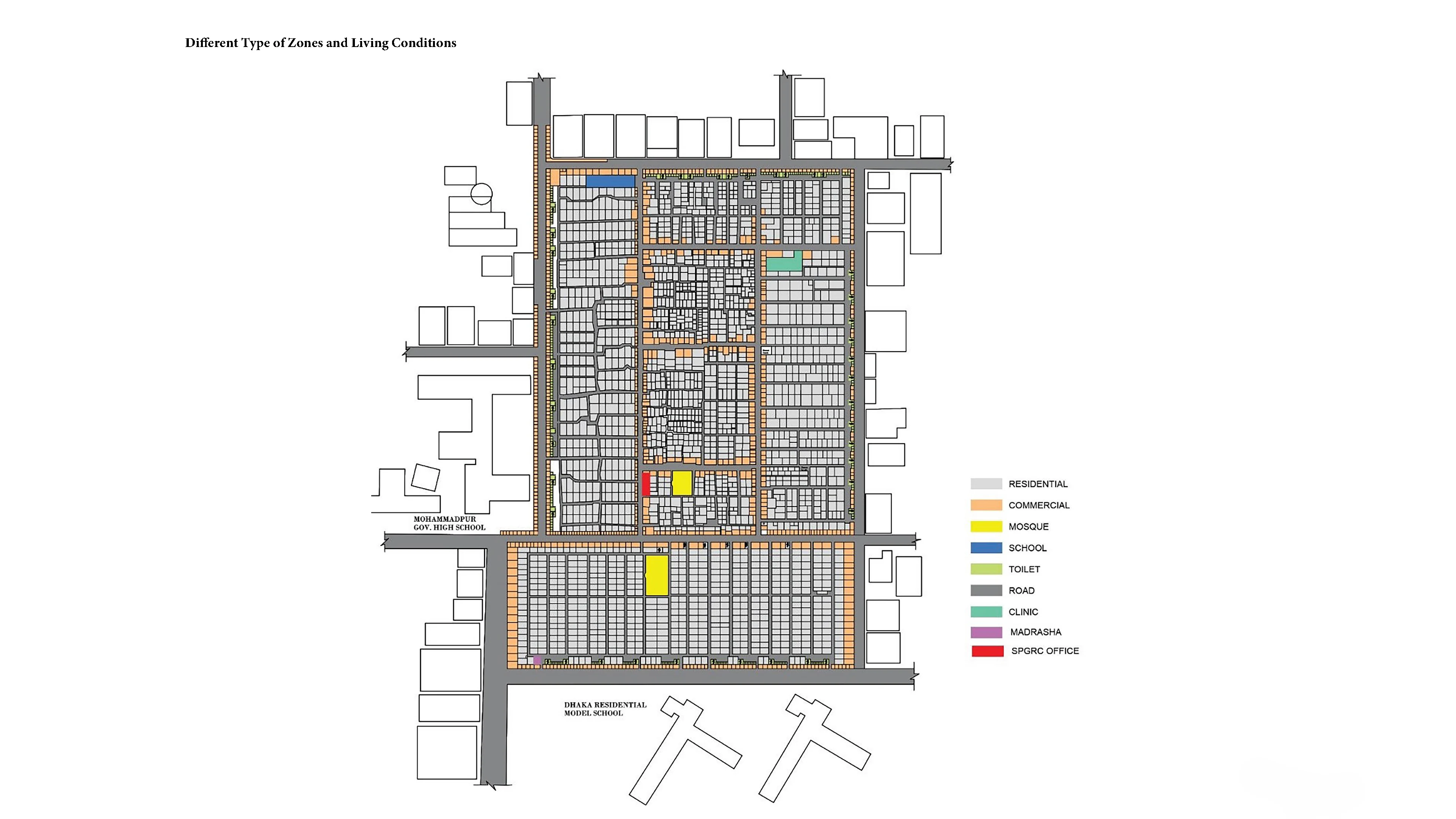 Different types of zones and living conditions within Geneva Camp: residential, commercial, mosque, school, toilet, clinic, madrasha, SPGRC office