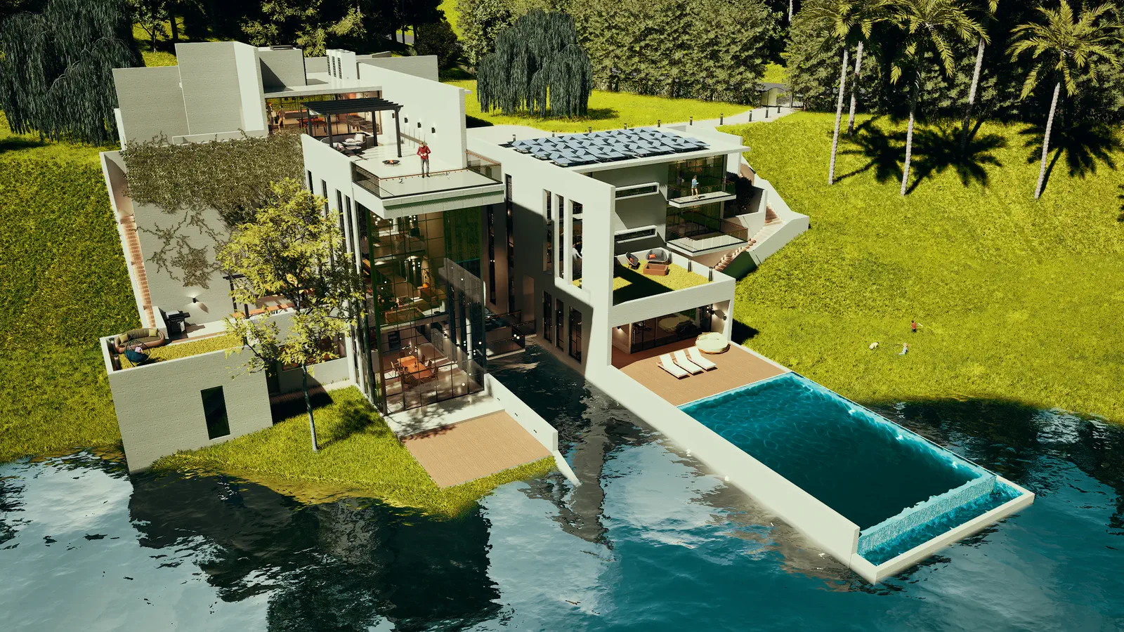 Aerial day view: full south-facing composition with infinity pool extending into the Kaptai Lake, two building masses linked by bridges, rooftop solar array on the kitchen volume