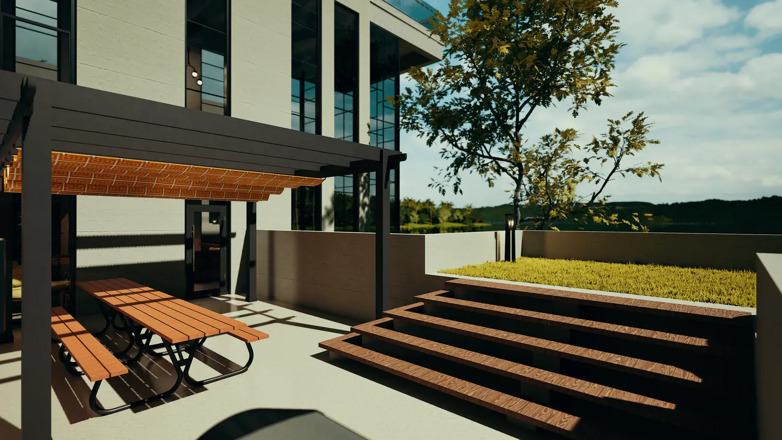 Level 2 alfresco: outdoor terrace off the family living, south-facing toward the Kaptai Lake, partially shaded by the floor above