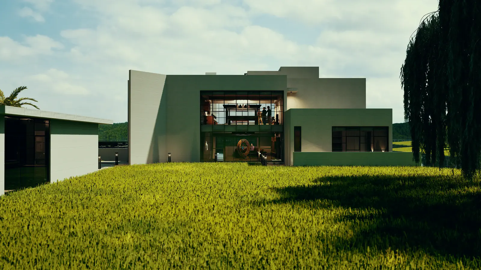 Day approach to the north facade: street arrival side of the residence, the entry volume and upper levels visible from the road approach
