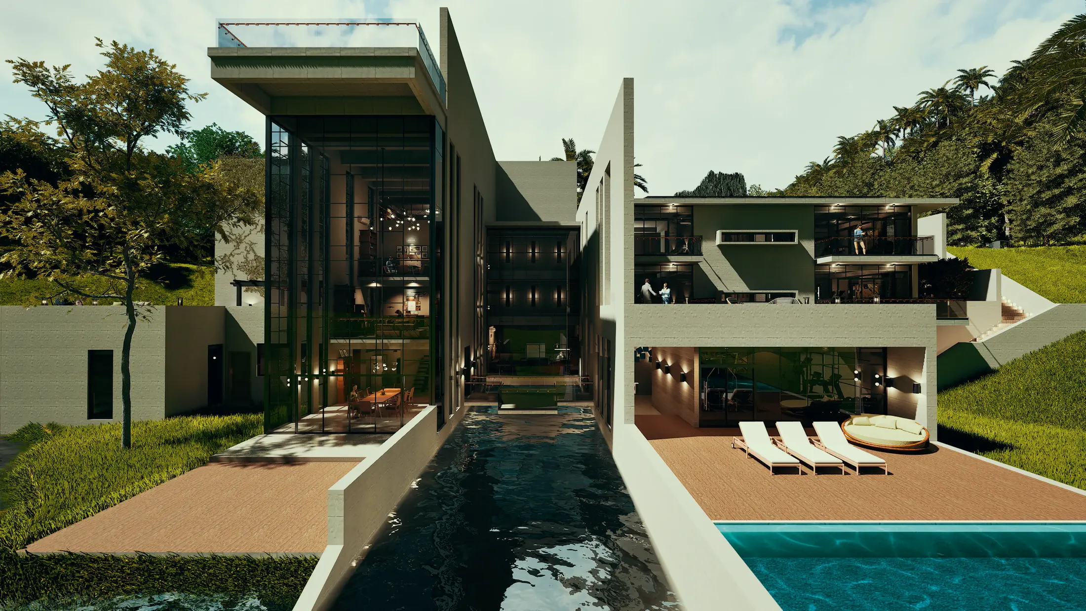 Frontal view from the Kaptai Lake: the section read as south elevation, glazed living rooms stacked above the pool deck, secondary mass and bridge to the right