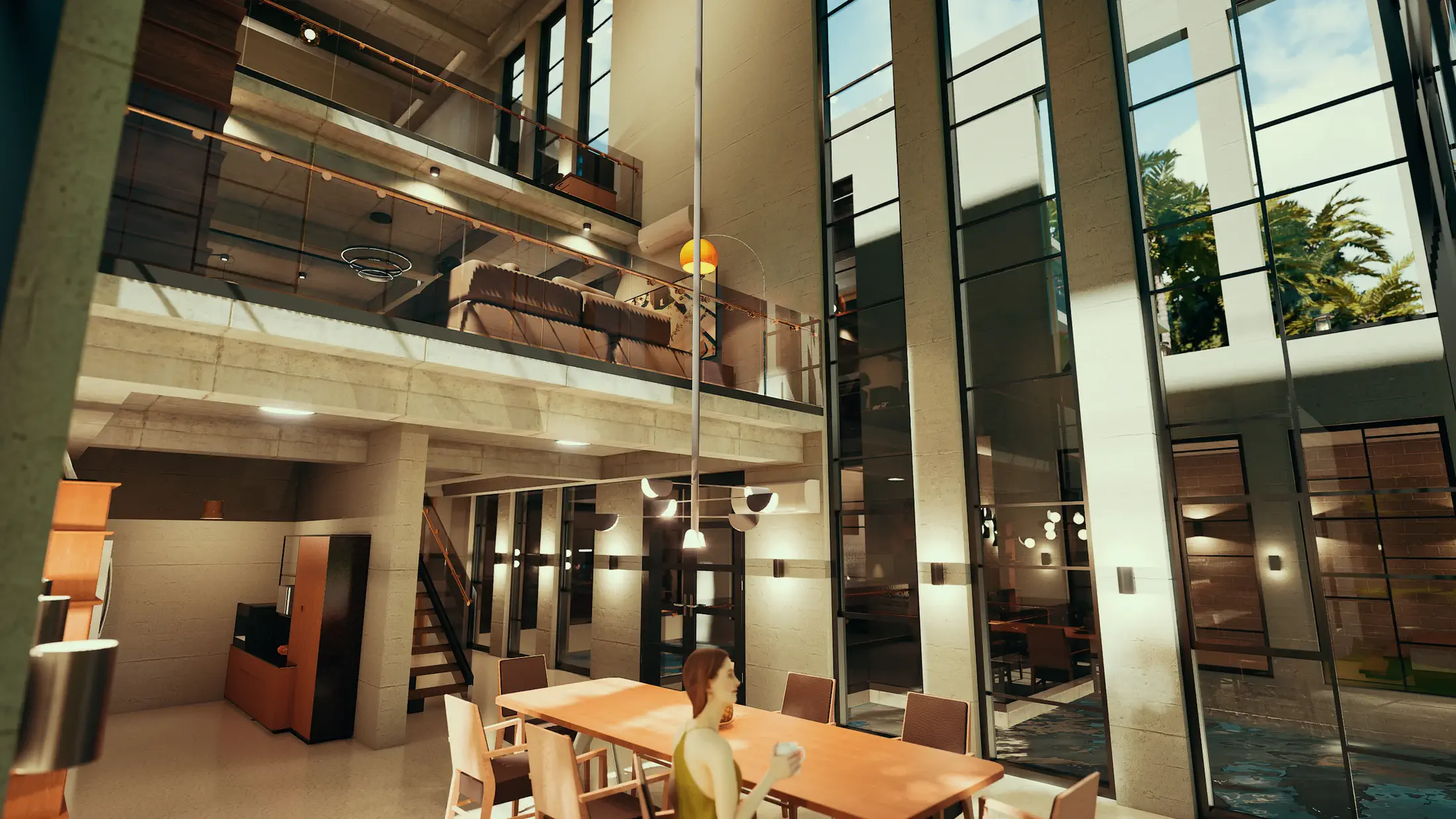 View from the dining space at the foot of the four-storey atrium: family living one level above, children's study above that, full-height south-facing glazing onto the Kaptai Lake