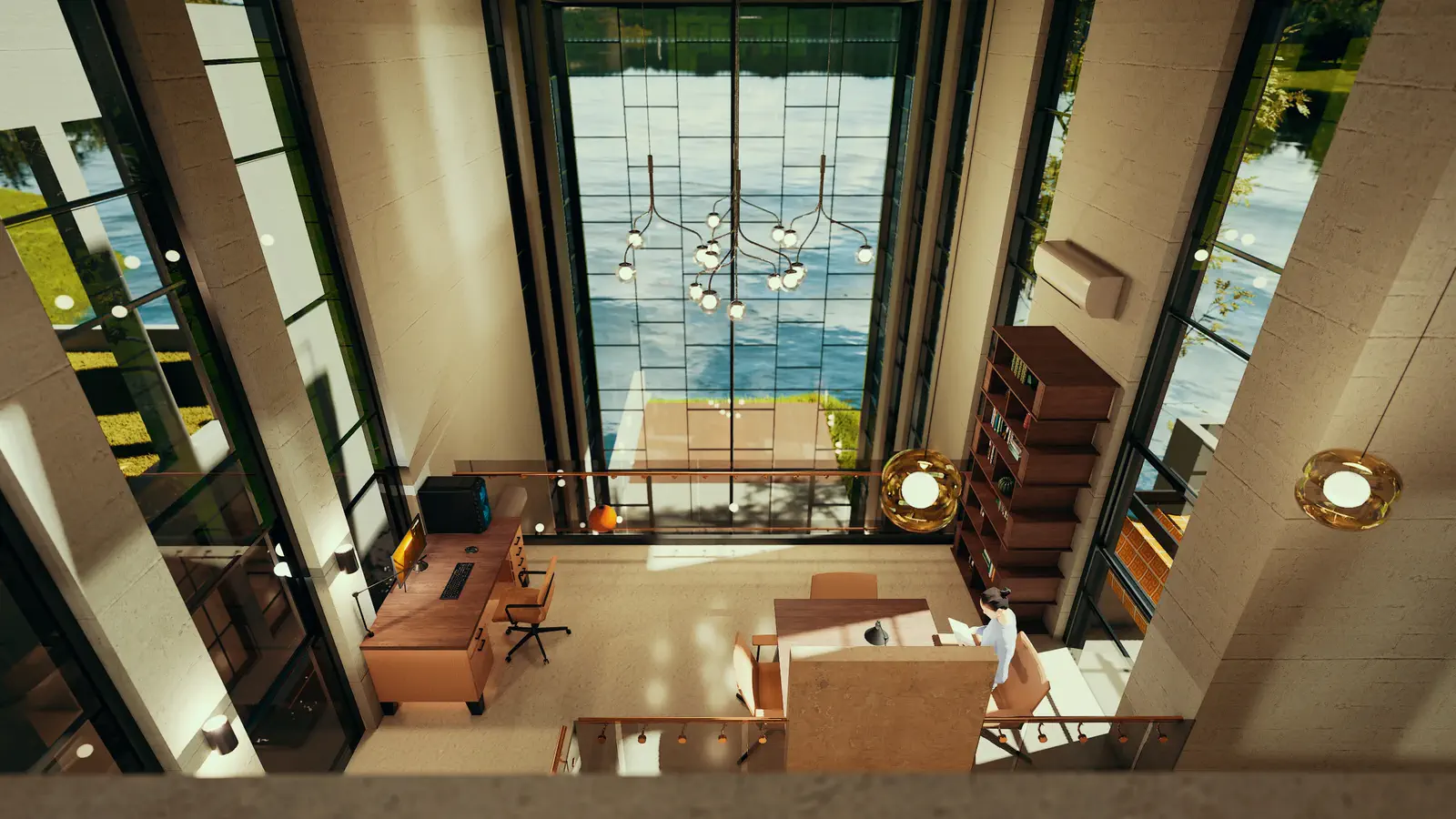 Children's study at Level 3 viewed from the formal living above: the four-storey atrium section reading downward, Kaptai Lake beyond the south glazing