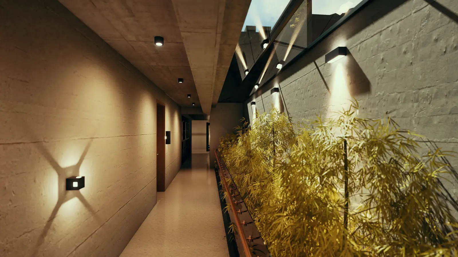 Bedroom corridor with bamboo planter: internal passage with uplit wall sconces and a continuous bamboo light wash to one side