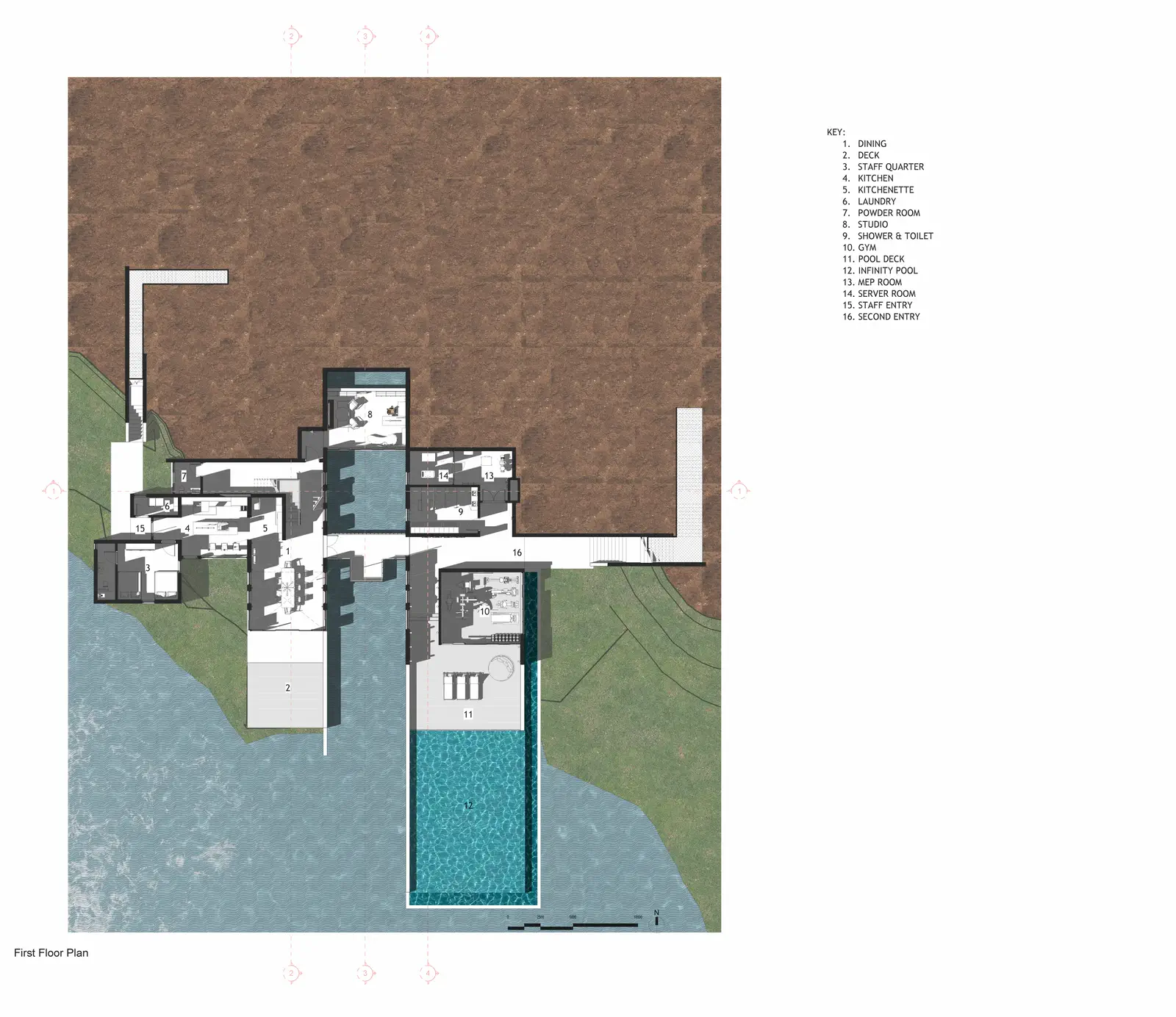 Level 1 plan (water level): dining, deck, kitchen, kitchenette, laundry, powder room, architect's studio, shower and toilet, gym, pool deck, infinity pool, staff quarter, MEP and server rooms, staff entry, second entry