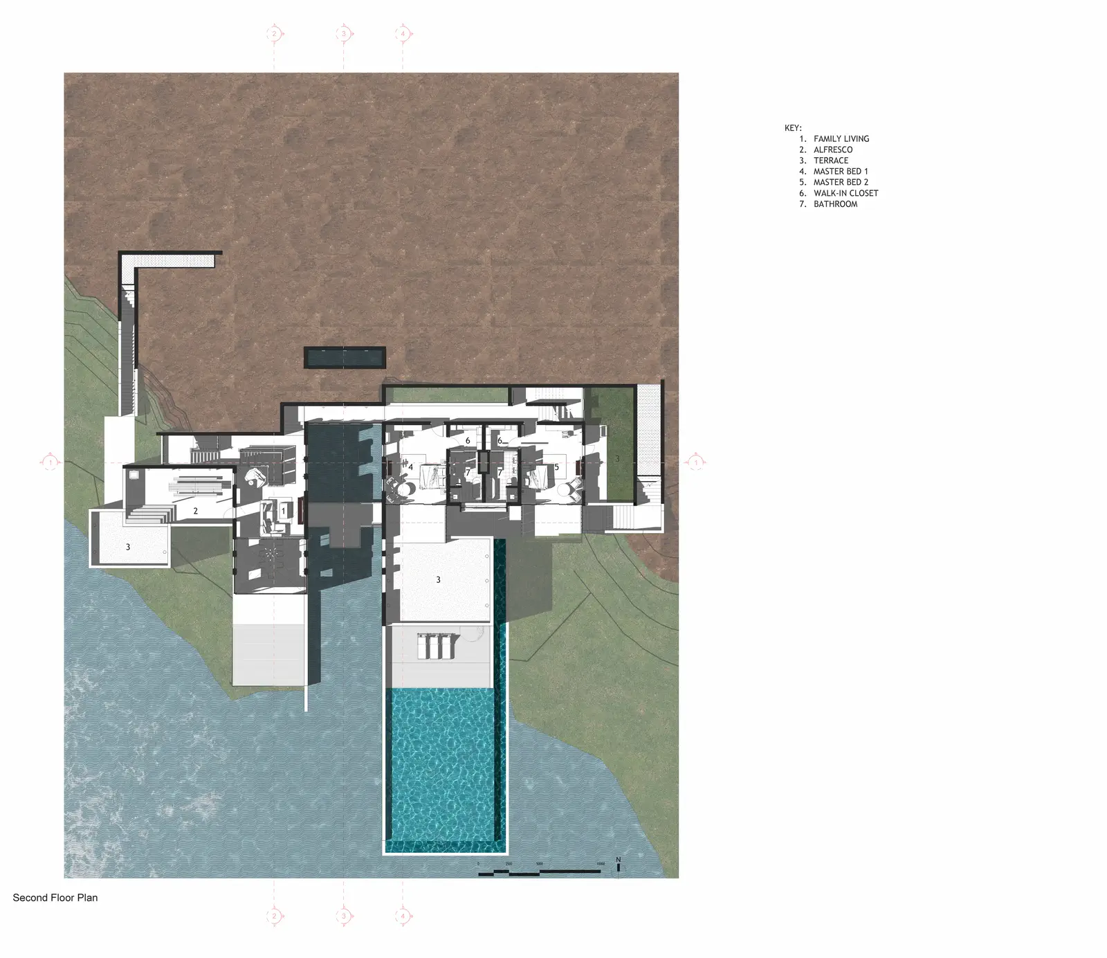 Level 2 plan (the heart): family living, alfresco terrace, two master bed suites, walk-in closets, bathroom