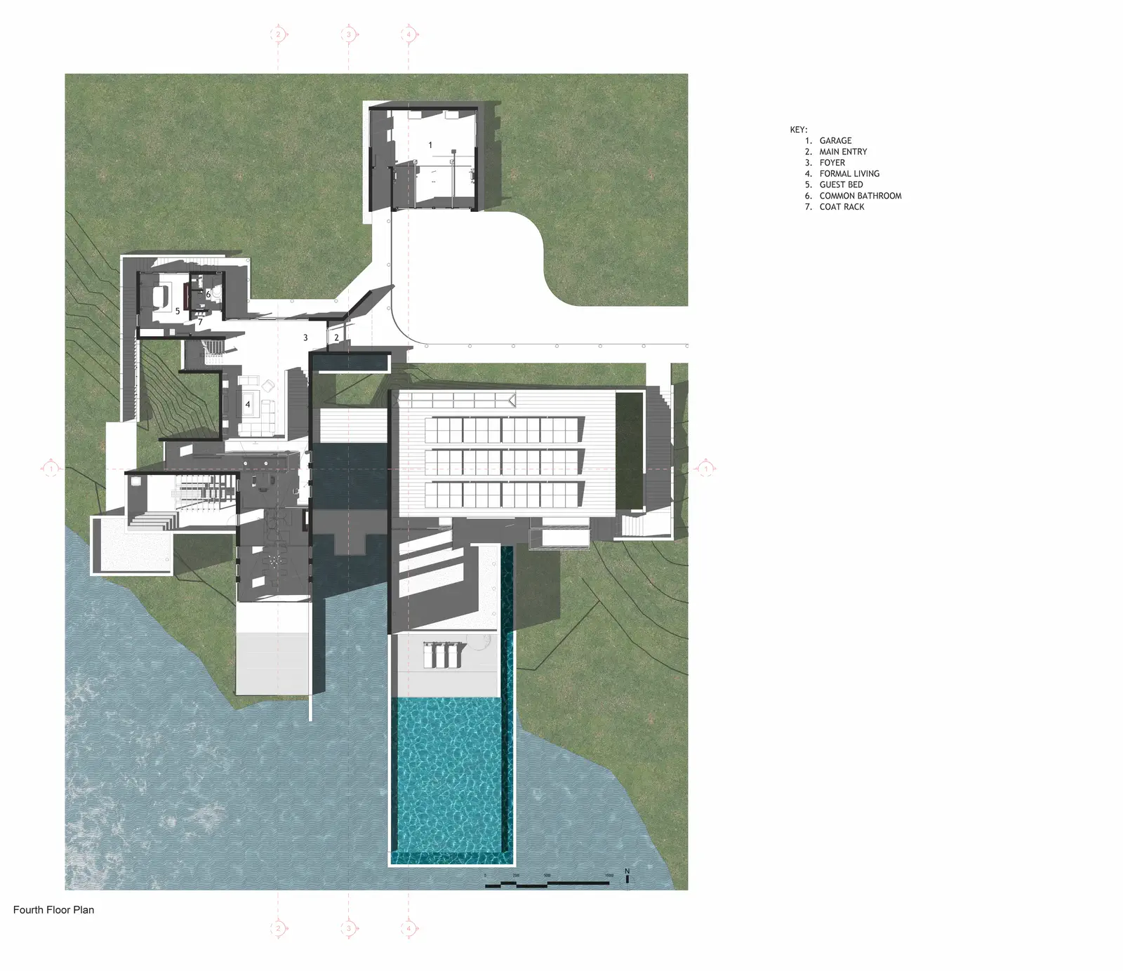 Level 4 plan (street arrival): garage, main entry, foyer, formal living, guest bed, common bathroom, coat rack