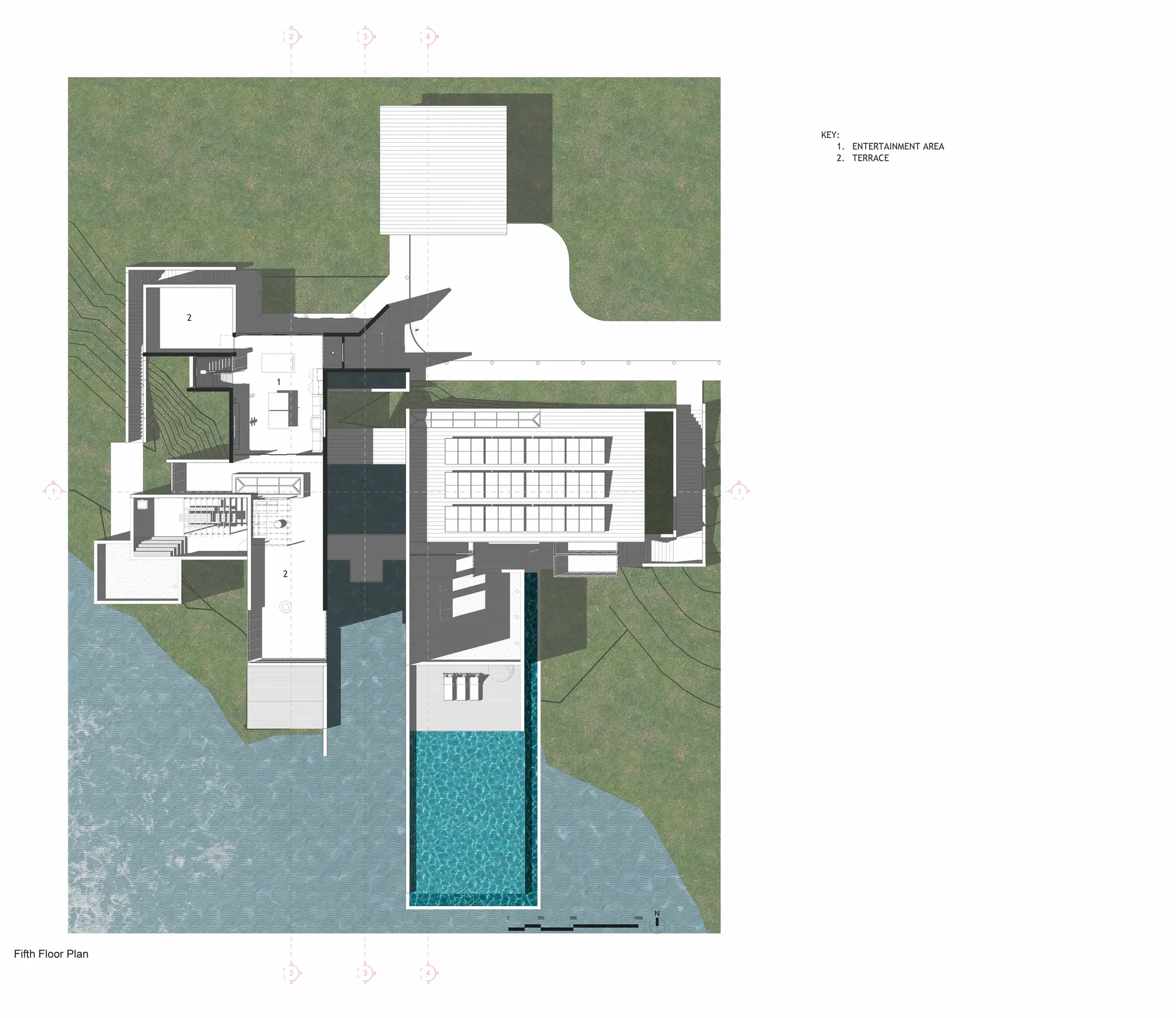 Level 5 plan (rooftop): entertainment zone and roof terrace at the highest tier of the section