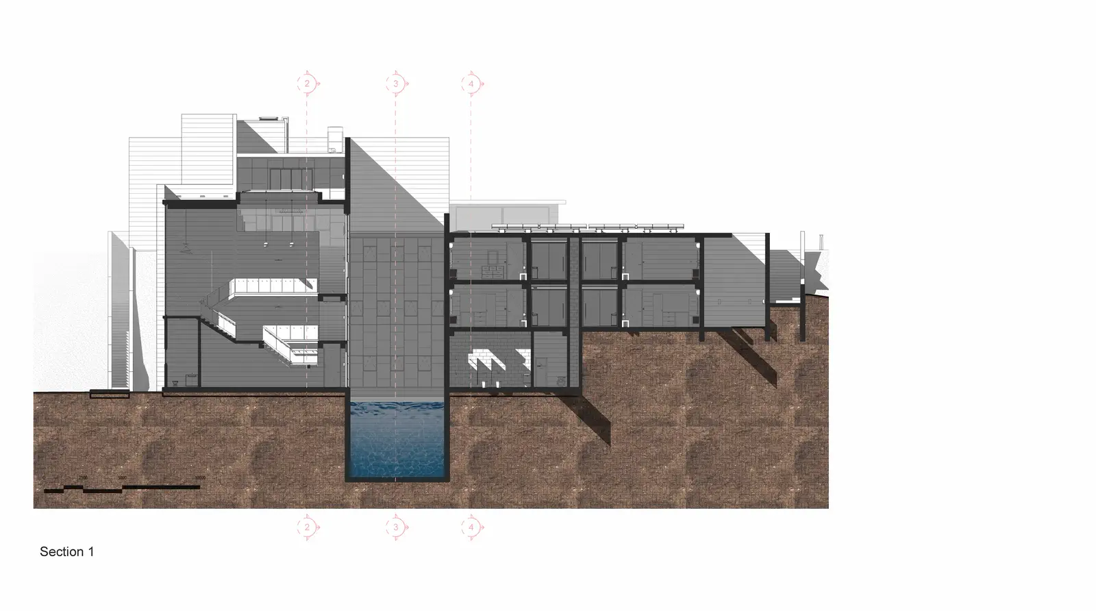 Section 1: full vertical cut through the residence, hill on the north, Kaptai Lake to the south, five levels of stepped programme