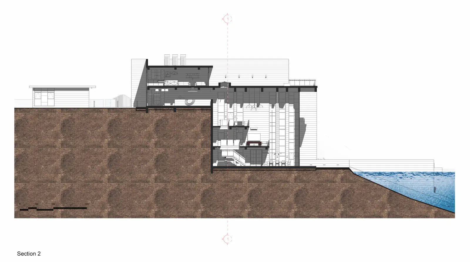 Section 2: cut through the secondary mass, garage and service quarter buried in the slope, kitchen mass extending toward the lake