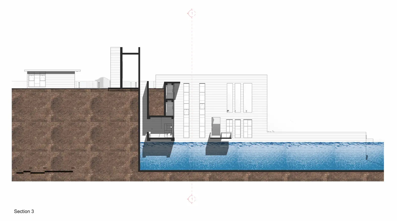 Section 3: cut through the pool wing, infinity pool reading as a horizontal line continuing into the Kaptai Lake