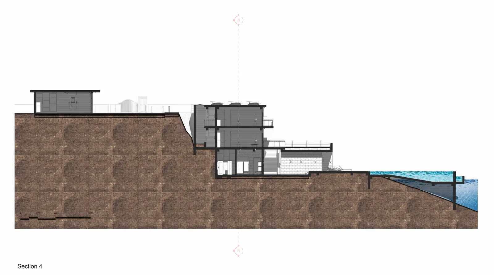 Section 4: cut through the bridge connecting the residence to the upper road, hill walls on both sides, courtyard between