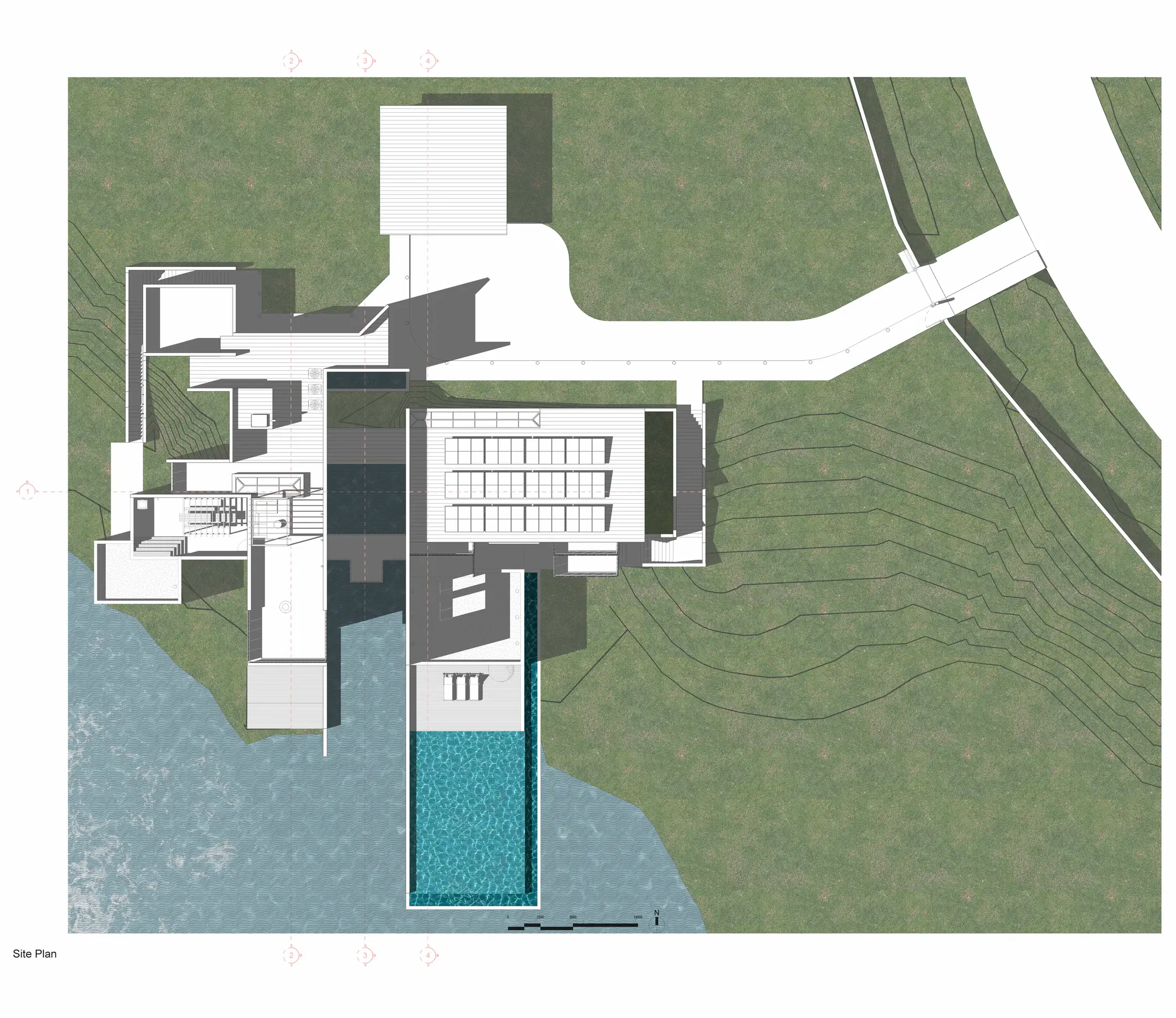 Site plan: house and pool nested into the hillside above the Kaptai Lake, bridge from the upper road to the entry, infinity pool extending south into the lake