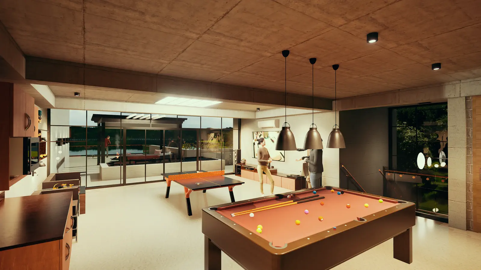 Entertainment zone at Level 5: covered outdoor living at the roof, seating, south-facing view across the Kaptai Lake