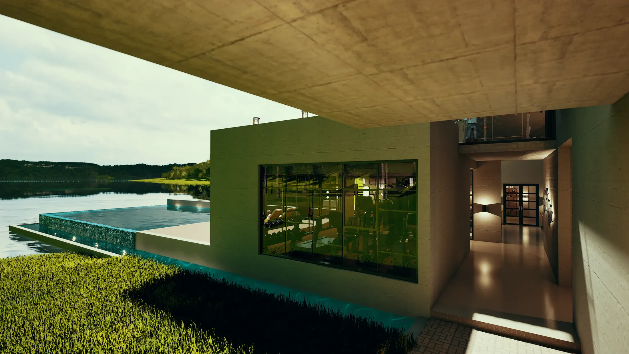 Exterior view of the gym and infinity pool at Level 1: pool deck at water level, the lake surface continuous with the pool edge to the south