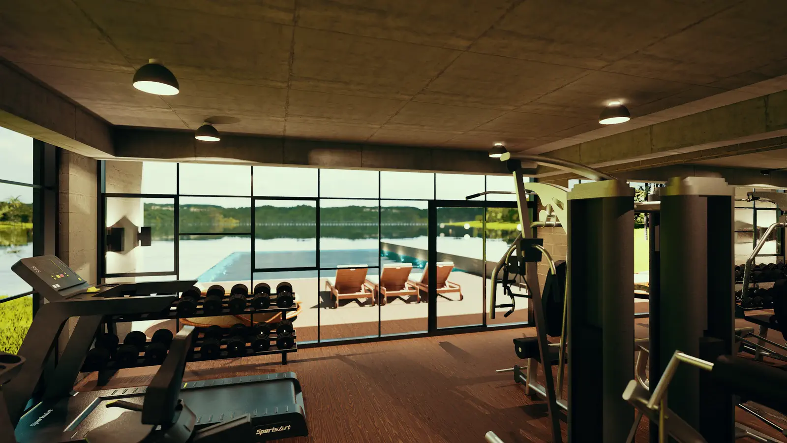 View from inside the gym at Level 1: looking south through glazing onto the infinity pool and beyond it the Kaptai Lake