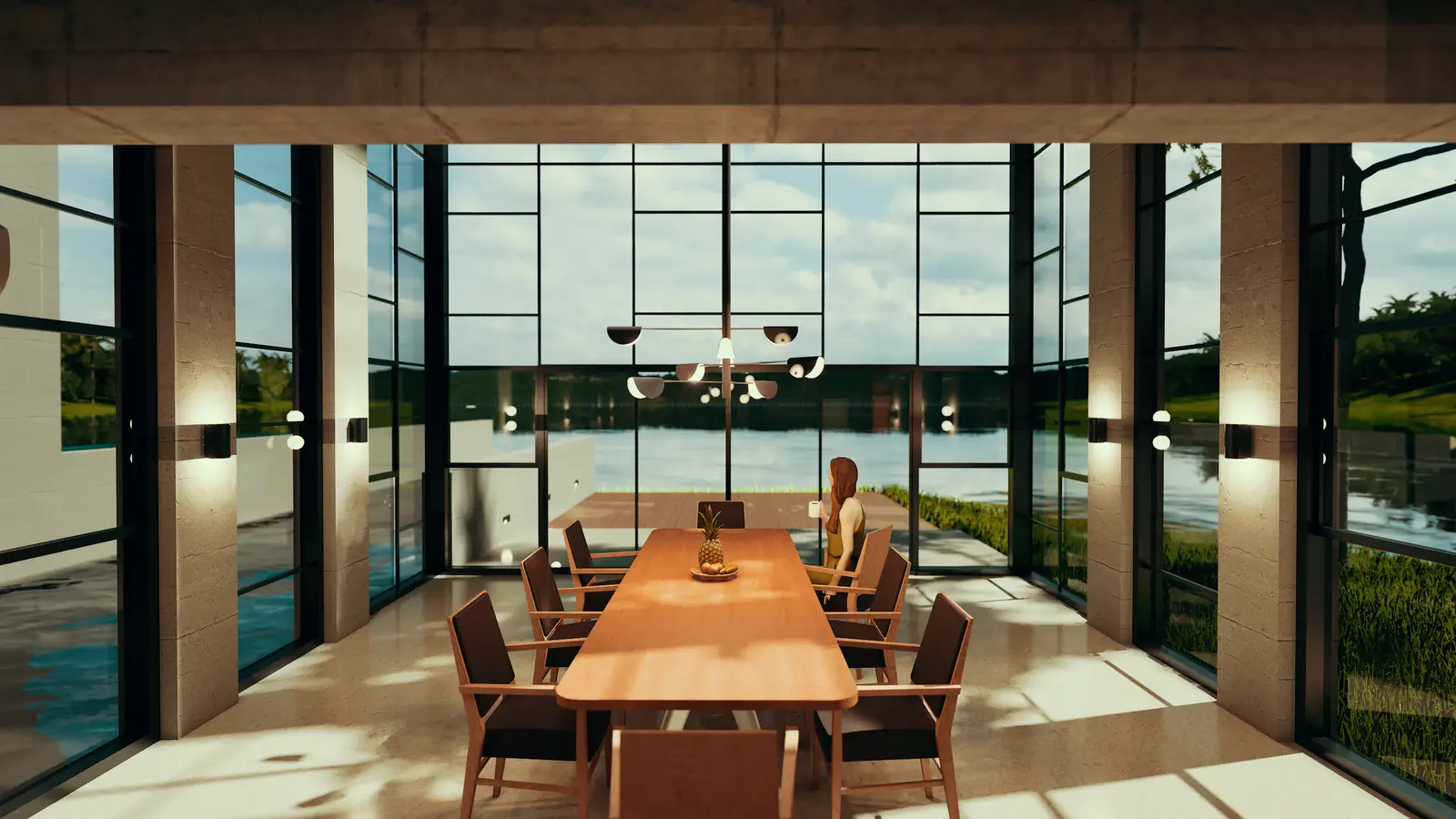 Dining at Level 1: long timber table beneath chandelier, full-height south-facing glazing framing the Kaptai Lake at evening