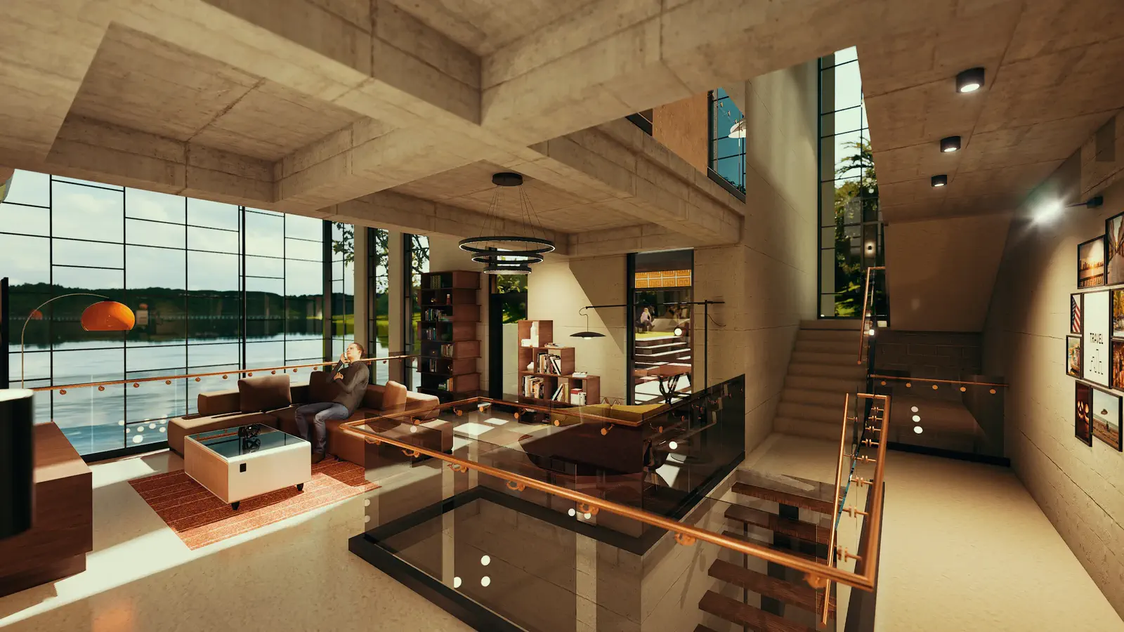 Family living at Level 2: concrete coffered ceiling, casual seating on the south lake side, stair rising to the next tier, ring chandelier centred