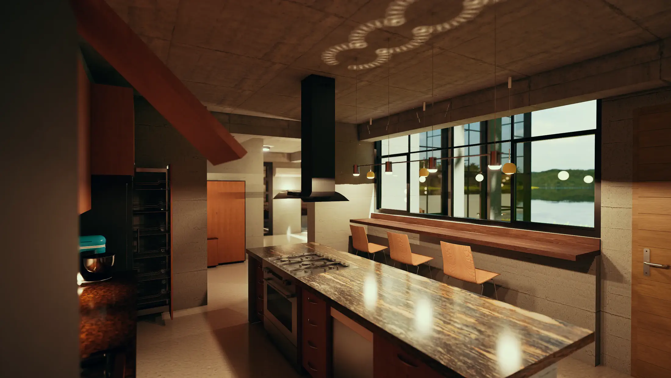 Kitchen at Level 1: marble island with breakfast bar, range below extractor hood, south-facing ribbon window onto the Kaptai Lake