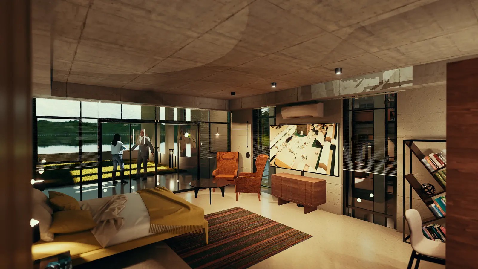 Main bedroom: low timber bed, art panel, south-facing full-height glazing onto the Kaptai Lake, evening light