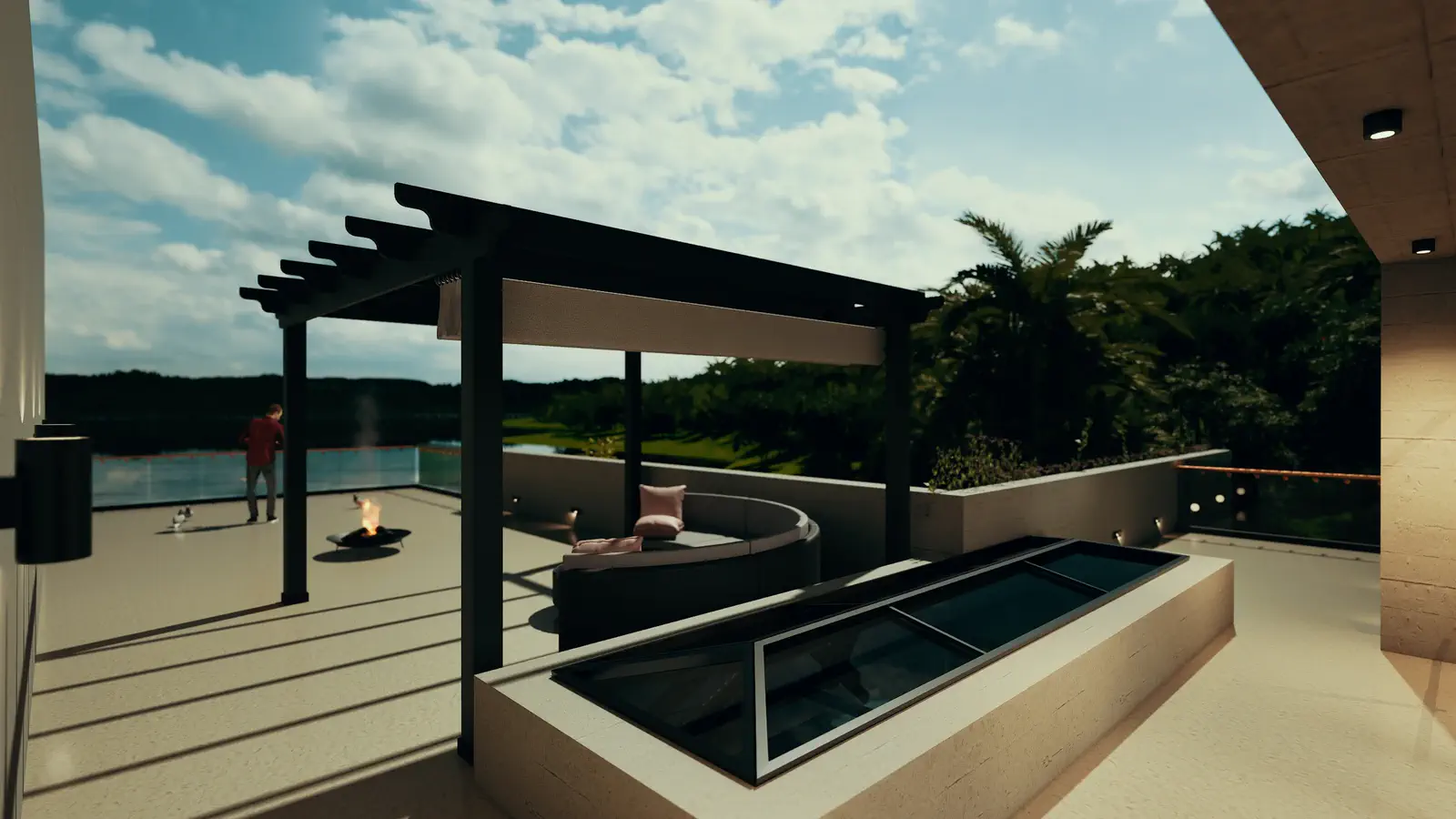 Level 5 terrace: timber pergola, low circular sofa around a fire bowl, skylight cut into the deck, Kaptai Lake horizon to the south