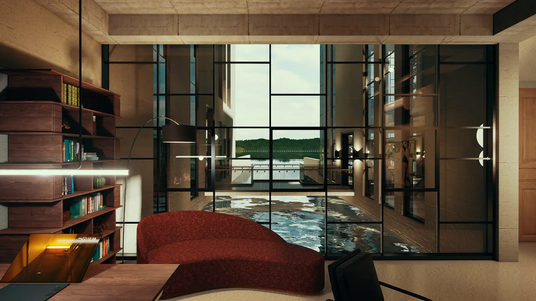 Architect's studio at Level 1: floating between the living block and the sleeping block above the water, south-facing glazing extending to the Kaptai Lake