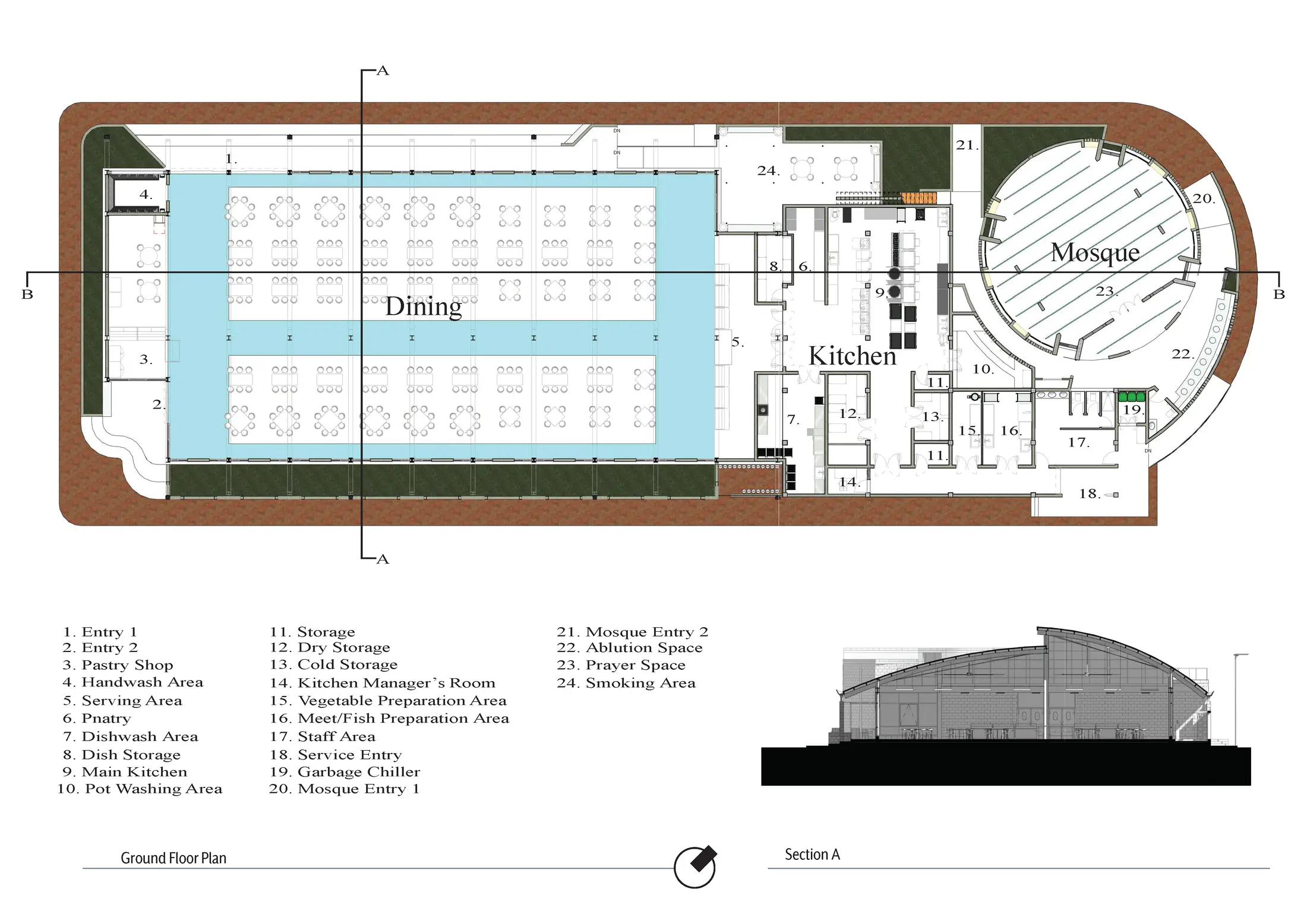 Ground floor plan and Section A: dining hall, kitchen, mosque, ablution space