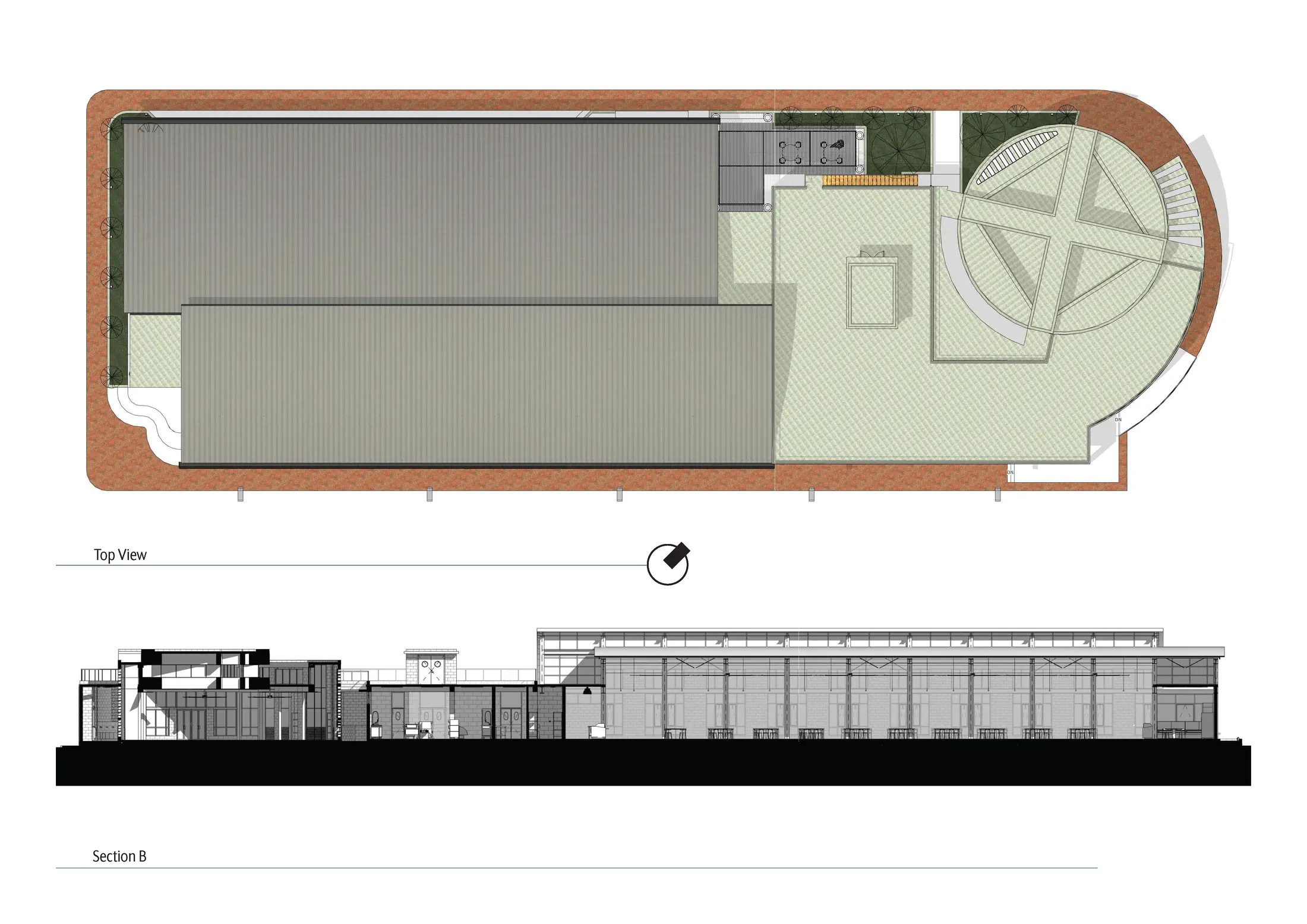 Top view (roof plan) and Section B: barrel vault and mosque dome in longitudinal section