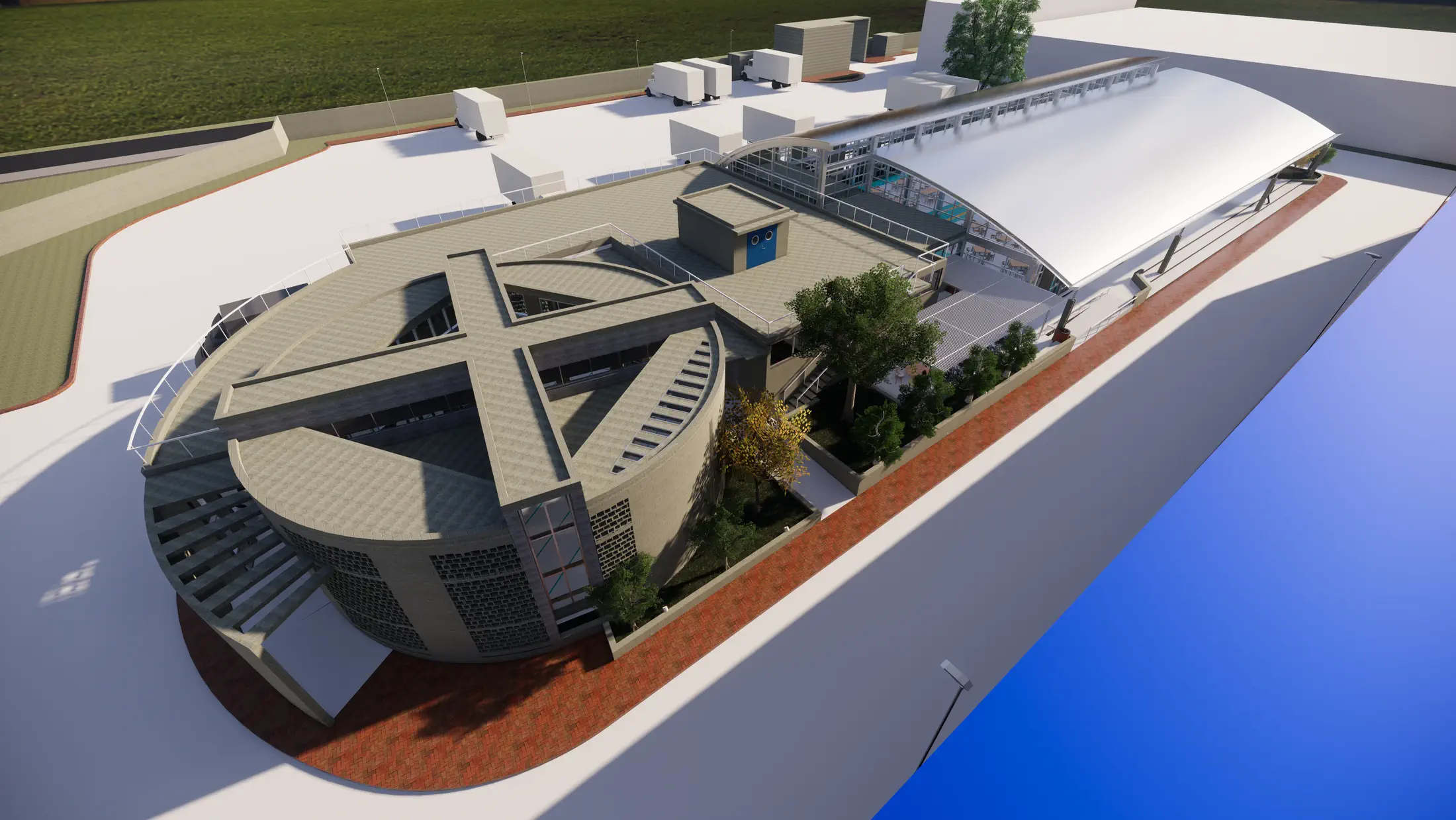 JTI campus aerial overview: canteen and mosque together on the factory site
