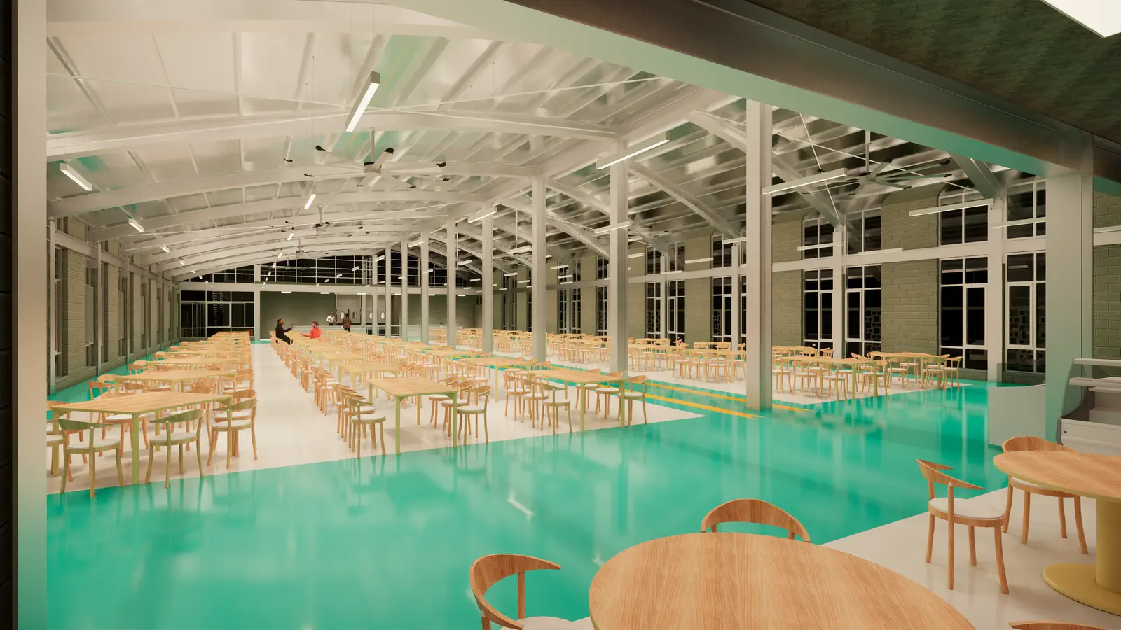 Canteen interior: dining hall with barrel vault, turquoise floor and timber chairs