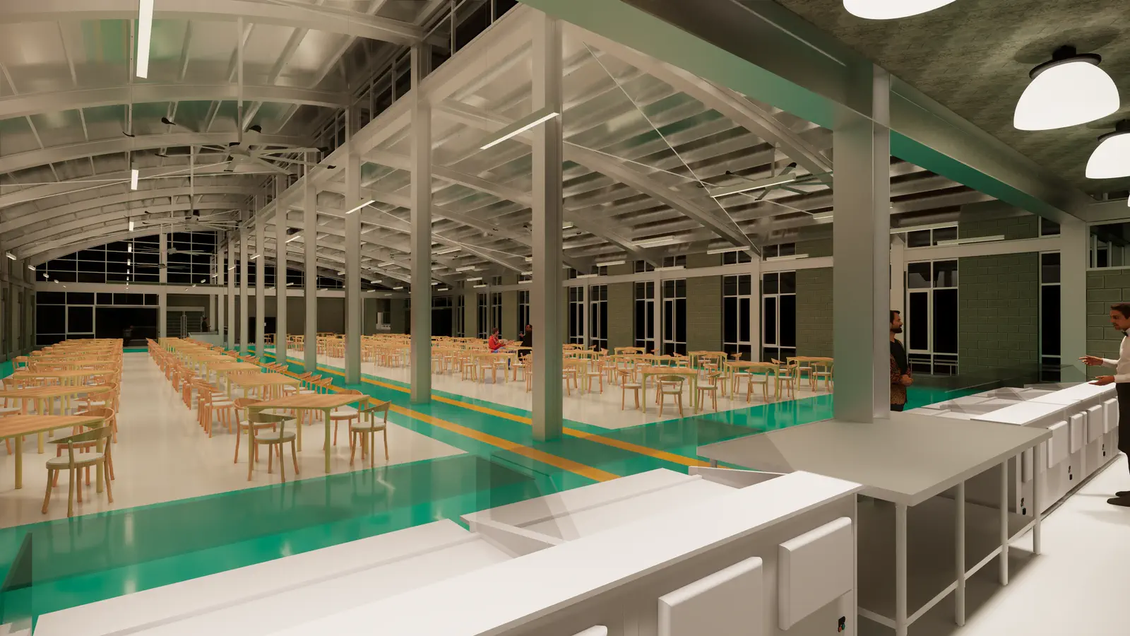 Canteen interior: view from service counter toward dining hall