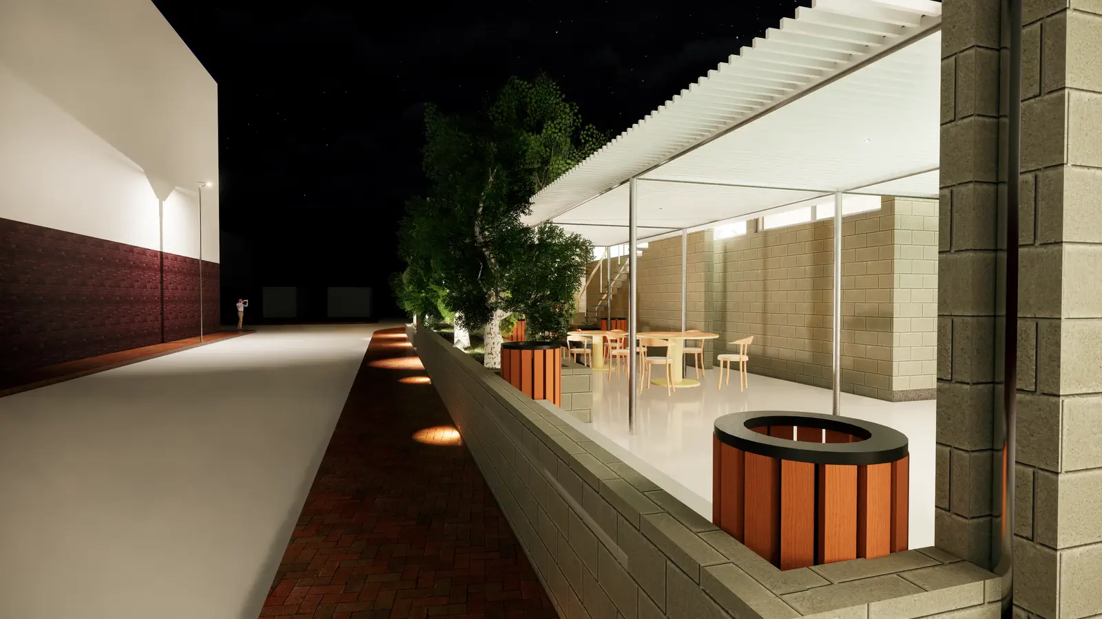 Outdoor terrace at night: perimeter seating with ground uplighting