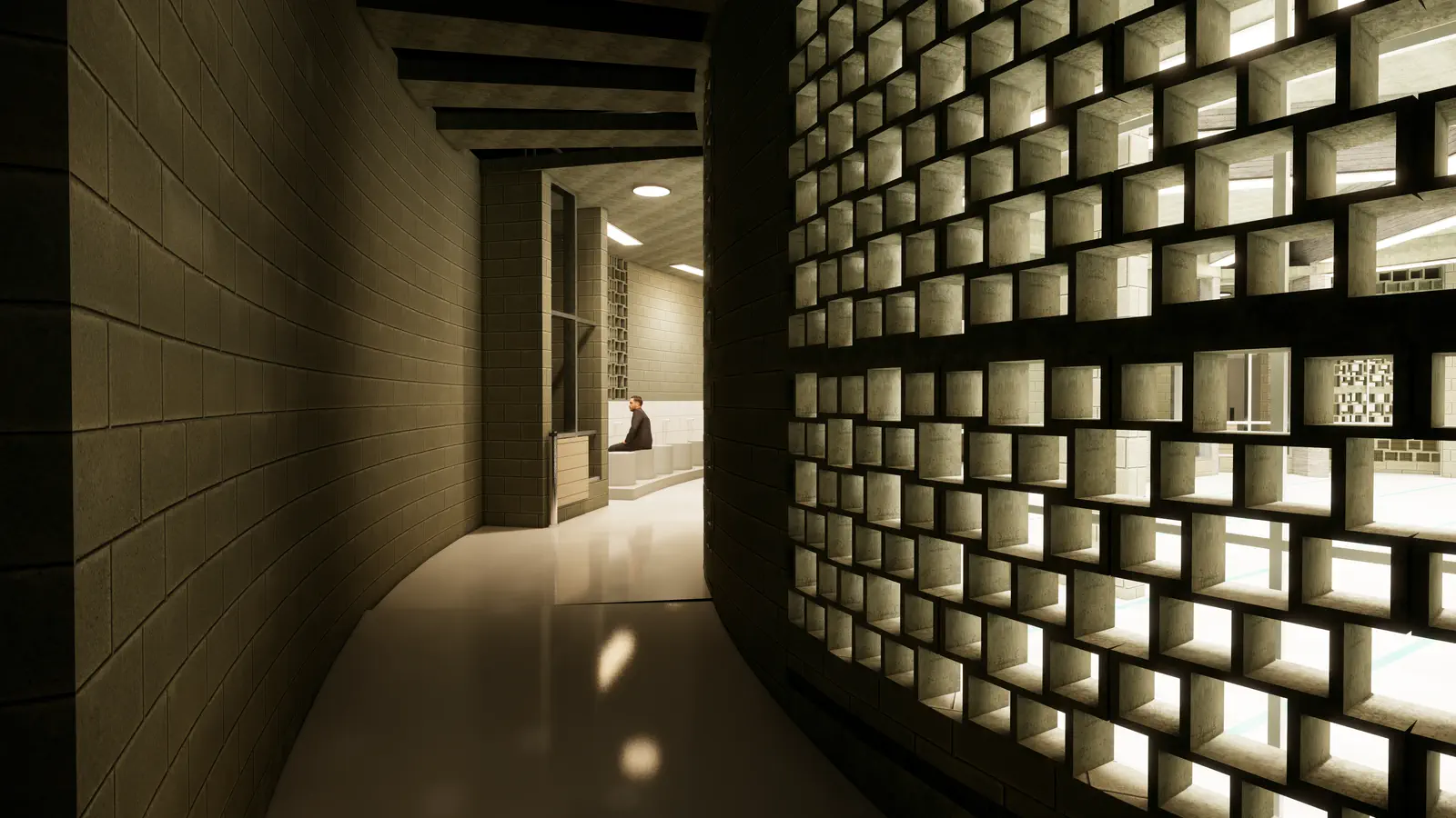 Mosque ablution corridor: curved wall with lattice block casting dappled light patterns